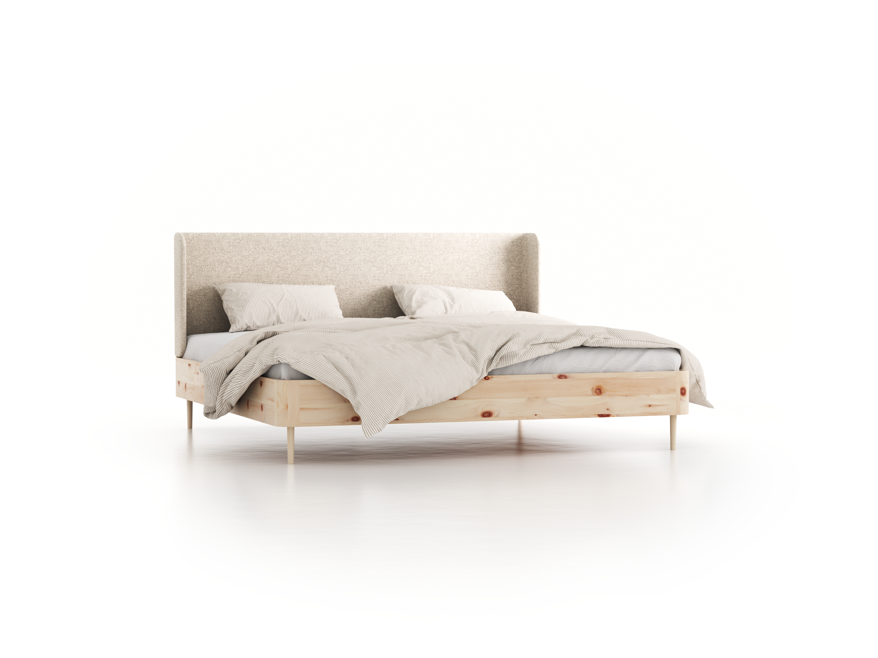 Bett Tonda mit Polsterbetthaupt, 200 x 200 cm, Wollstoff Tano Natur Hell (80), Zirbe