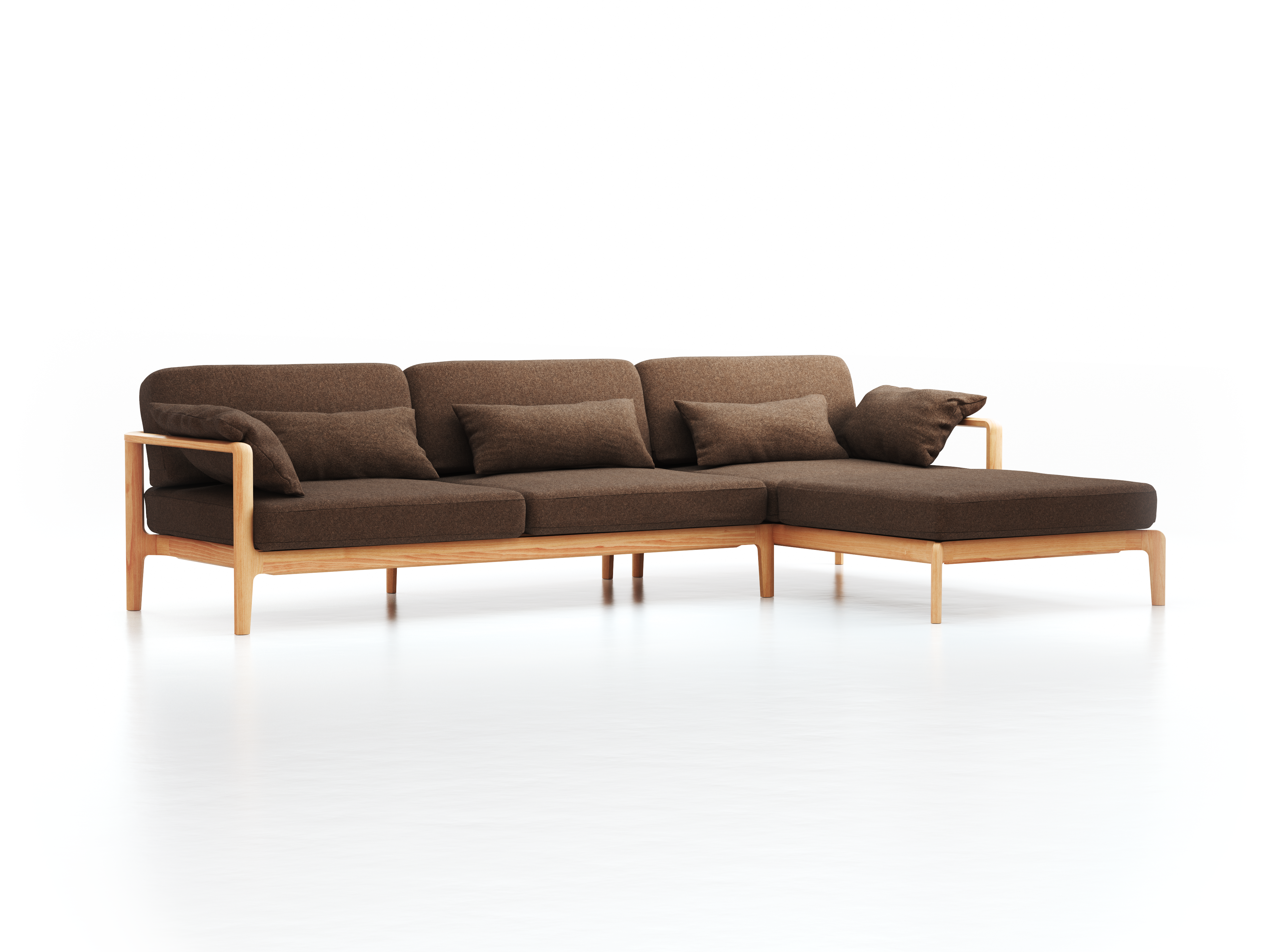 Loungesofa Linera, breit mit Liegeteil rechts, Wollstoff Stavang Torf (64), Buche