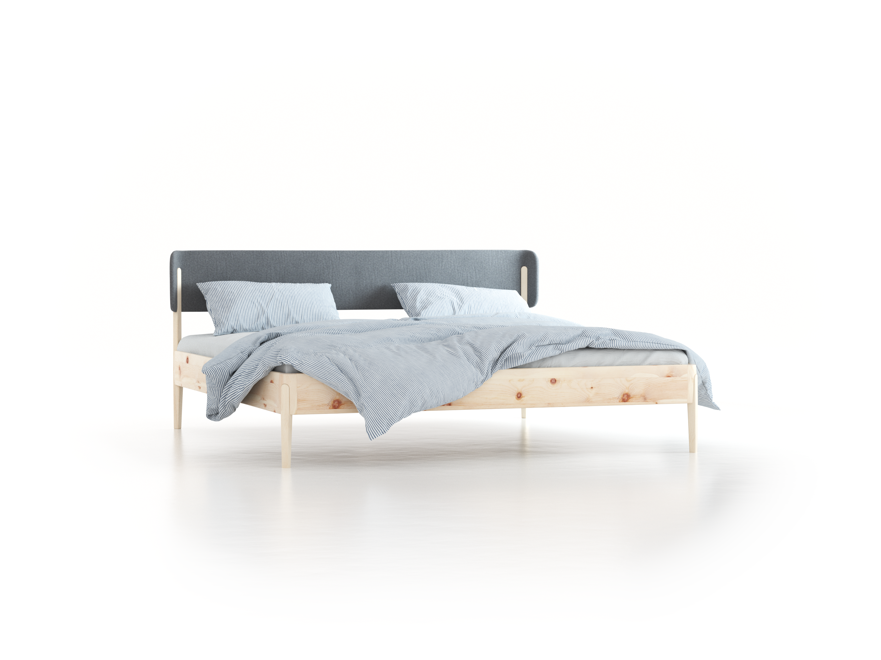 Bett Alwy mit Polsterbetthaupt, 200 x 200 cm, Wollstoff Kaland Kiesel (68), Zirbe