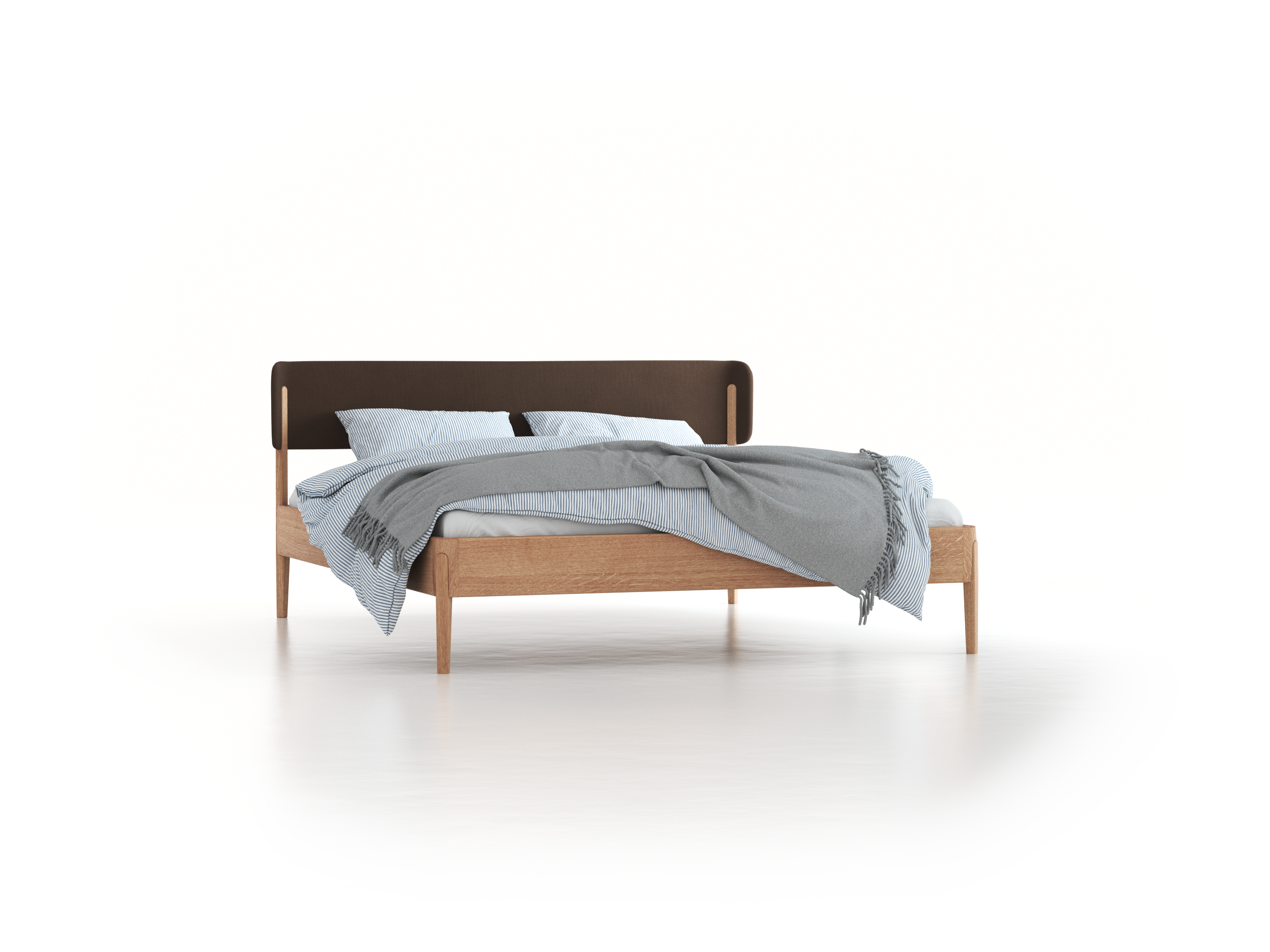 Bett Alwy mit Polsterbetthaupt, 180 x 200 cm, Wollstoff Kaland Torf (70), Eiche