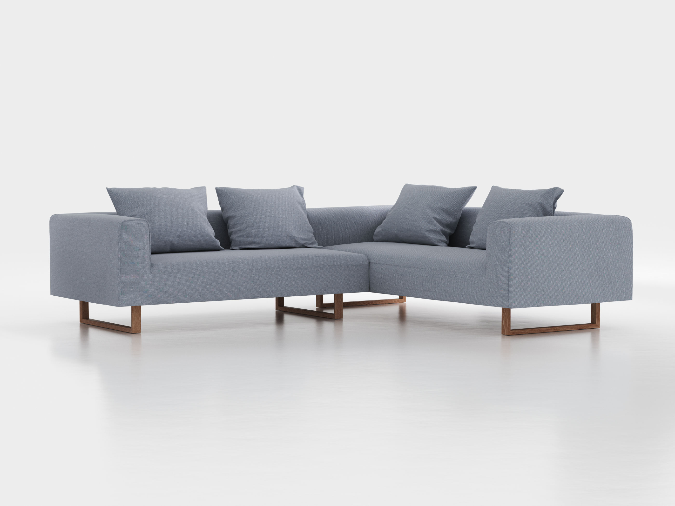 Ecksofa Sereno inkl. 4 Kissen (70x55 cm), Eckteil rechts, B 276 x T 235 cm, Kufenfuß, mit Bezug Wollstoff Elverum Blaugrau (83), Eiche