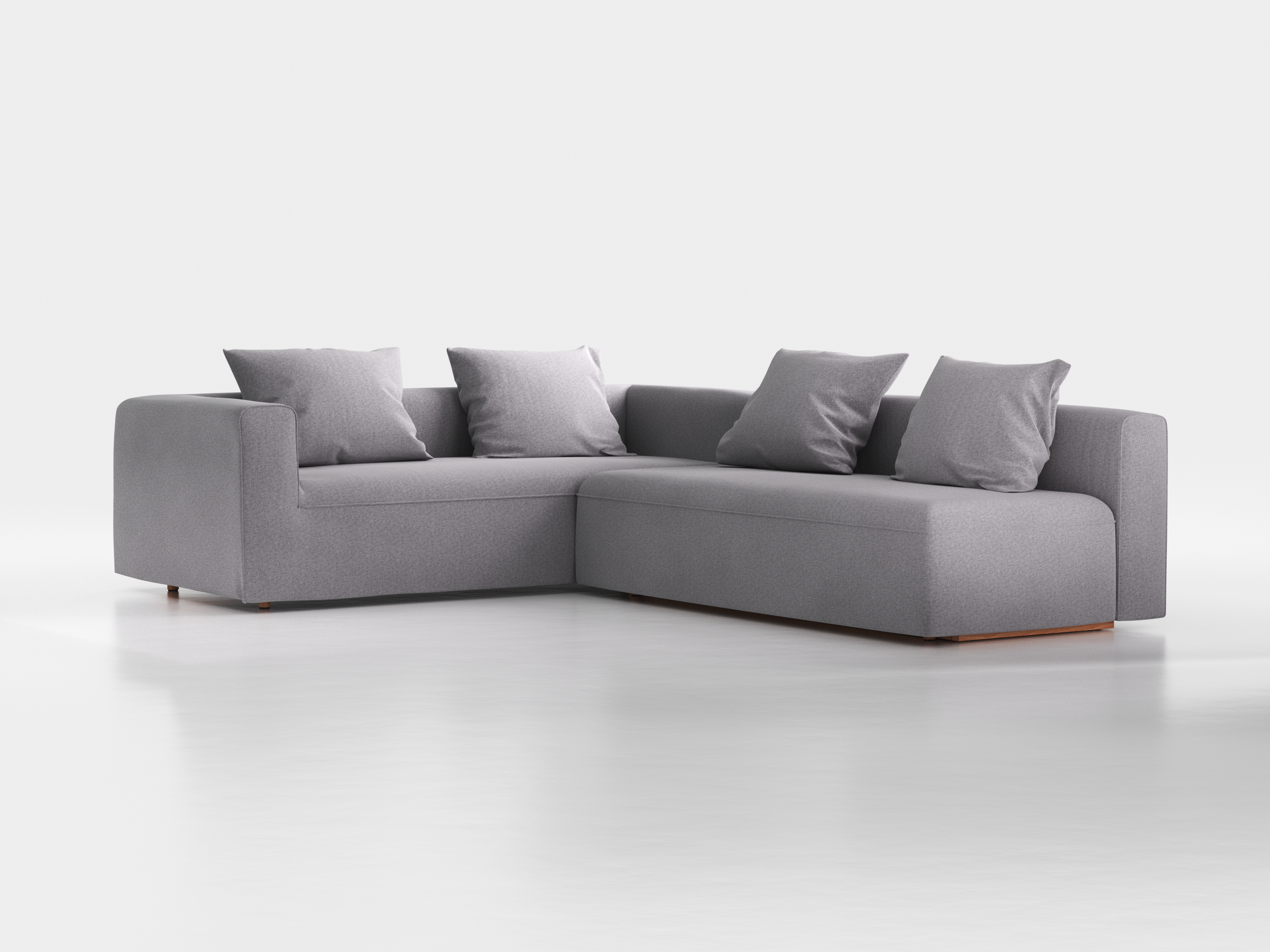 Ecksofa Sereno mit Schlaffunktion inkl. 4 Kissen (70x55 cm), B 300 x T 235 cm, Bodennah, Eckteil links, mit Bezug Wollstoff Kaland Kiesel (68), Buche