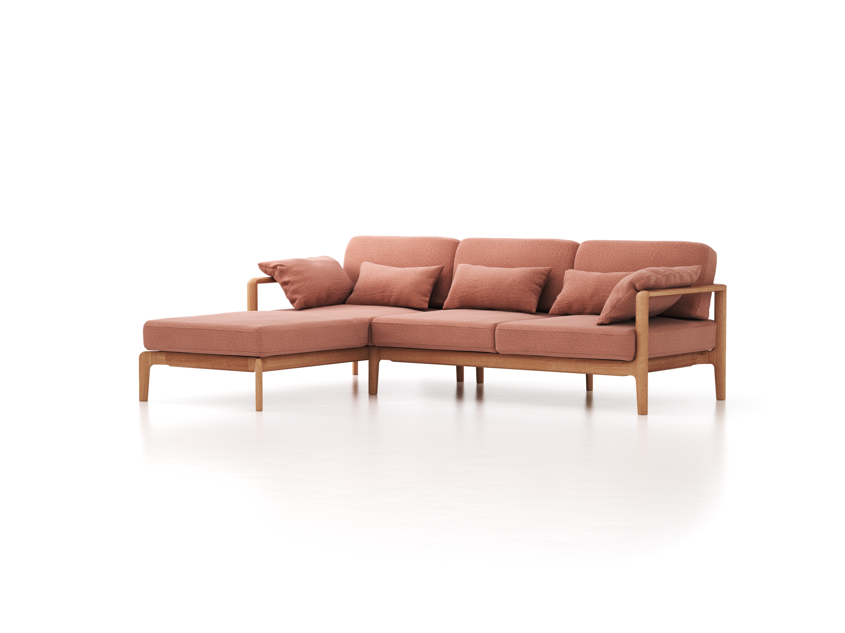 Loungesofa Linera, schmal mit Liegeteil links, Wollstoff Elverum Ziegel (85), Eiche