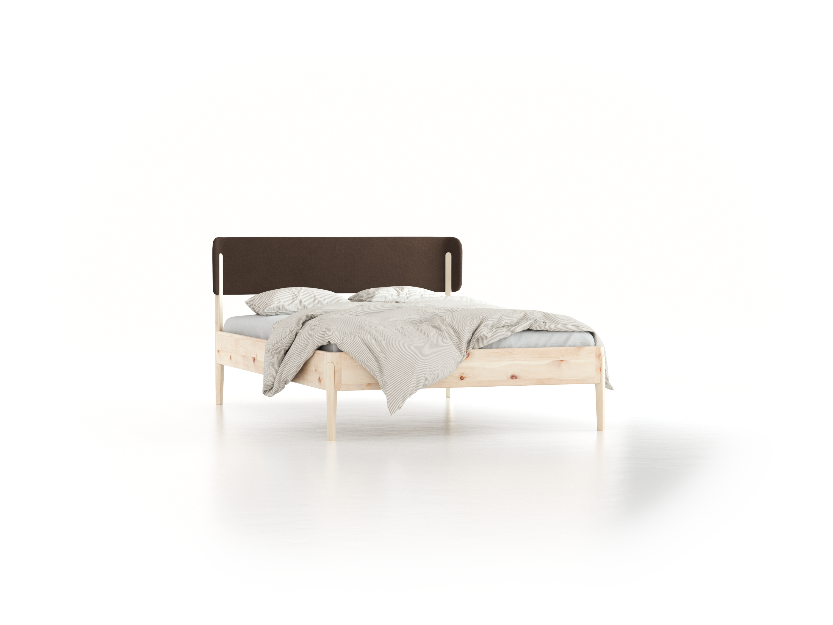 Bett Alwy mit Polsterbetthaupt, 140 x 200 cm, Wollstoff Kaland Torf (70), Zirbe