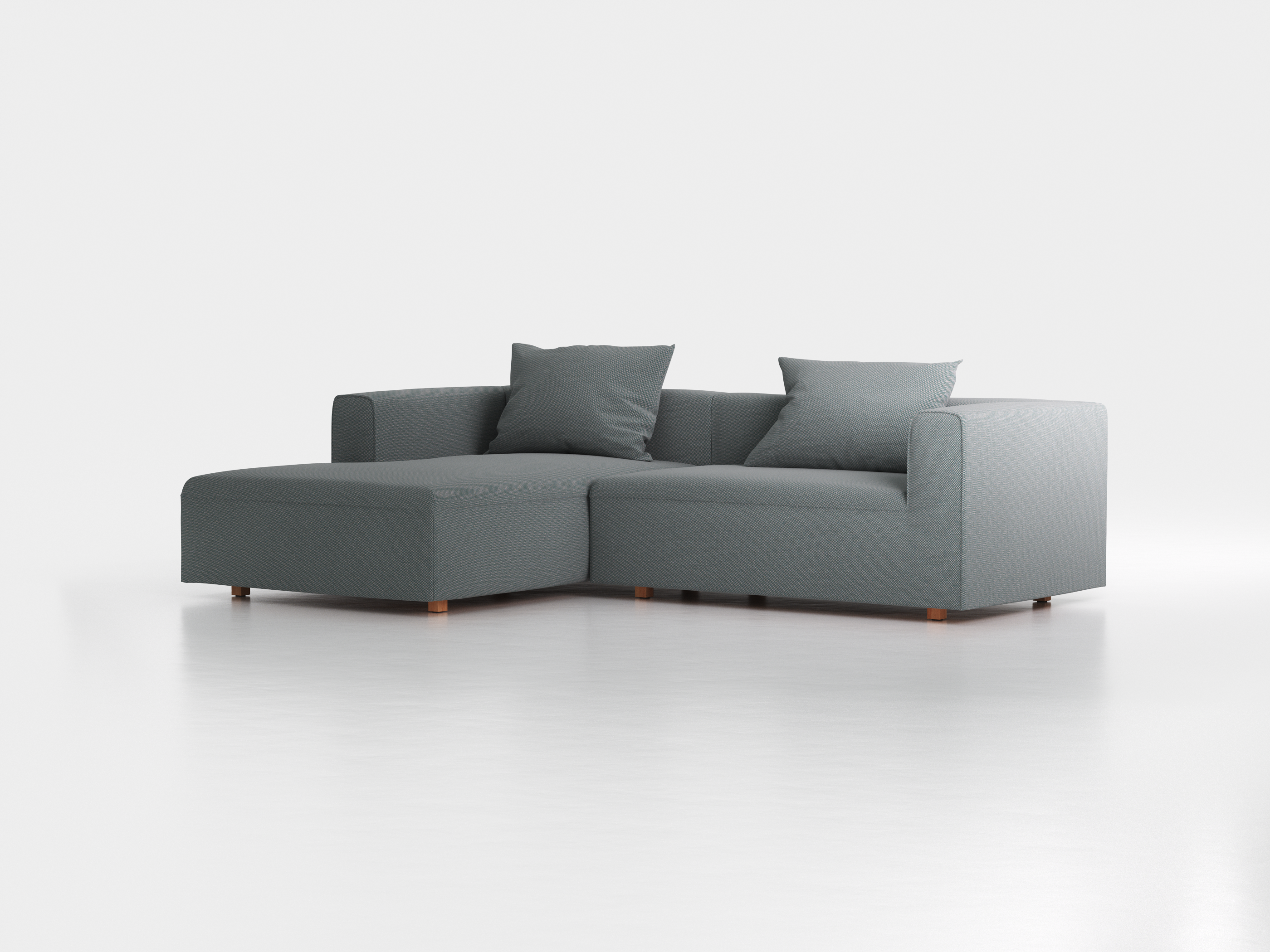Lounge-Sofa Sereno  inkl. 2 Kissen (70x55 cm), B 267 x T 180 cm, Liegeteil links, Bodennah, mit Bezug Wollstoff Elverum Grüngrau (84), Buche
