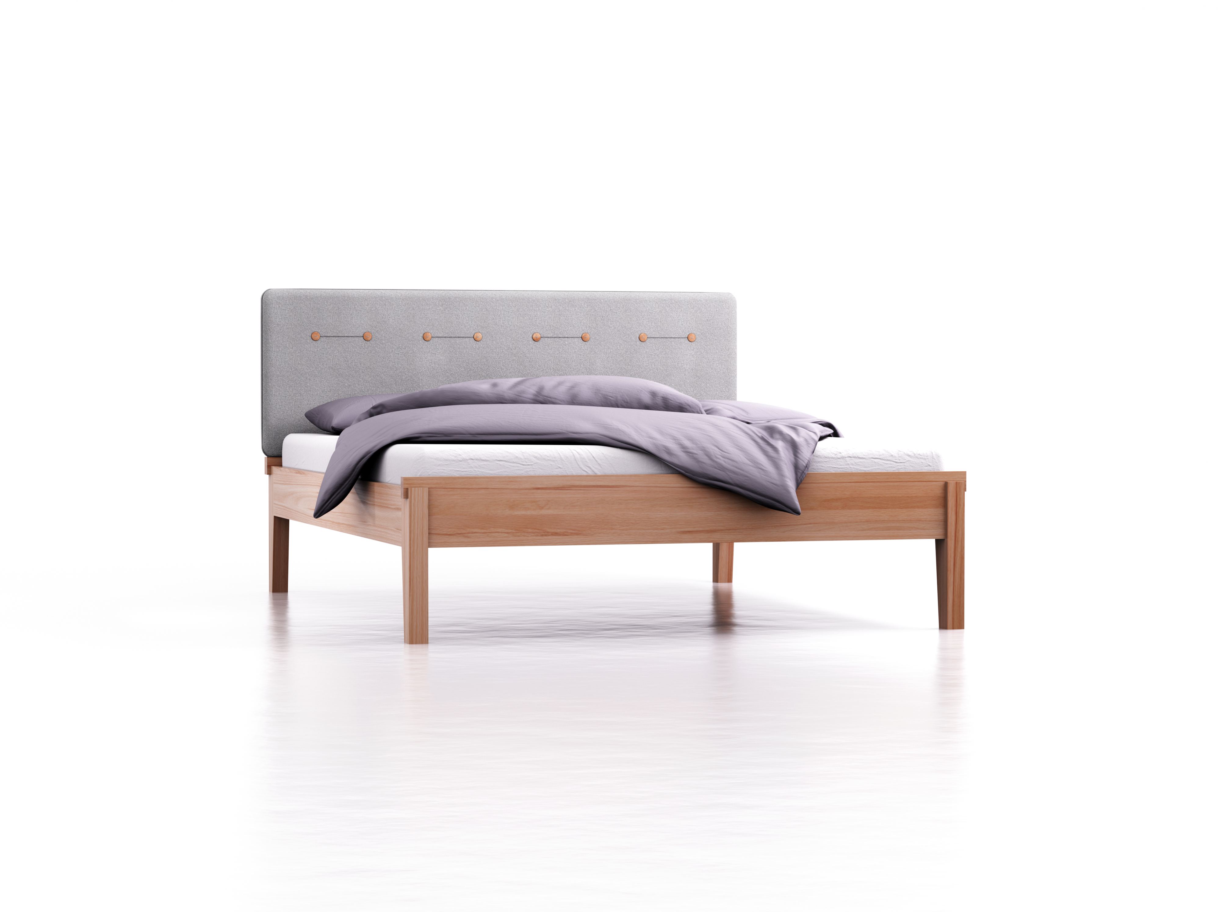 Bett Alpina mit Polsterbetthaupt, Wollstoff Stavang Kiesel, Breite 160 cm x Länge 200 cm, Kernbuche