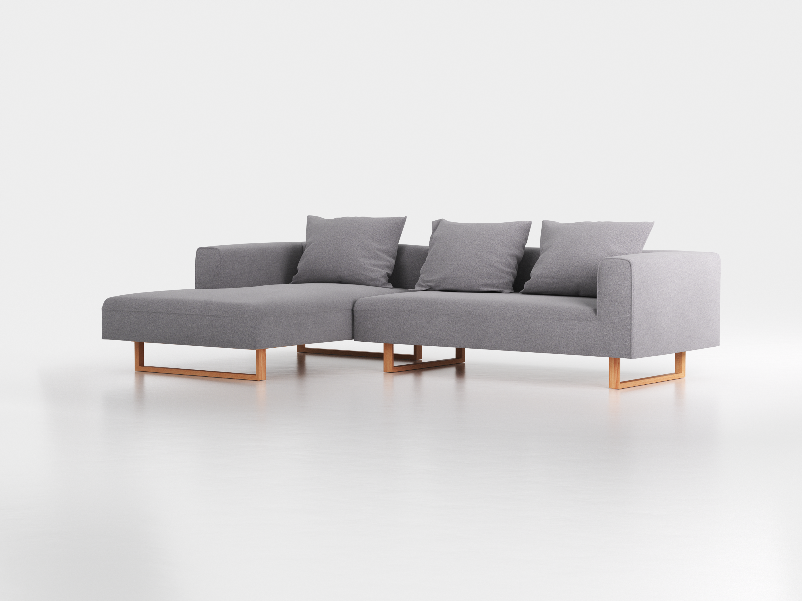 Lounge-Sofa Sereno inkl. 3 Kissen (70x55 cm), B 297 x T 180 cm, Liegeteil links, Kufenfuß, mit Bezug Wollstoff Kaland Kiesel (68), Buche