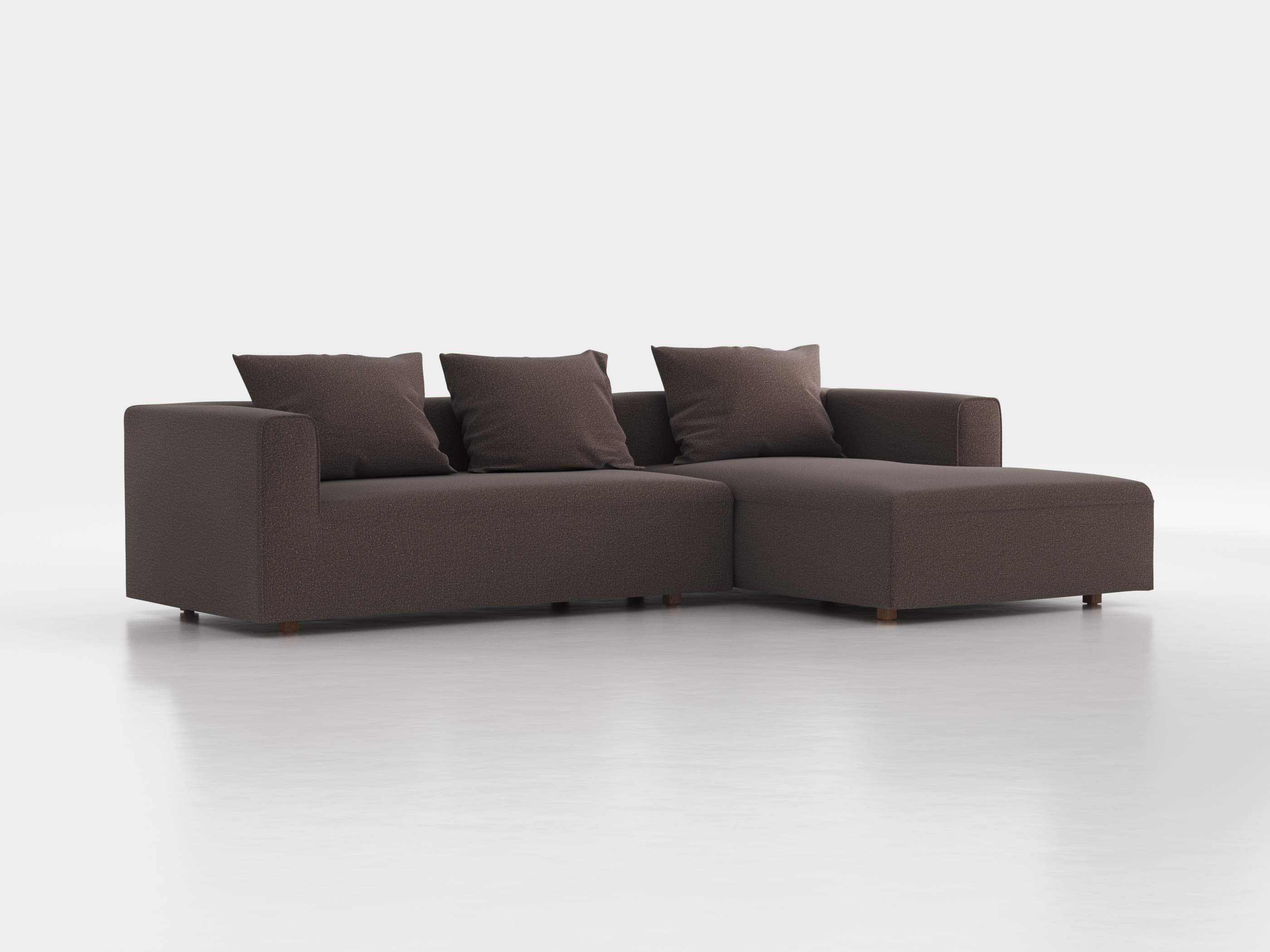 Lounge-Sofa  Sereno inkl. 3 Kissen (70x55 cm), B 297 x T 180 cm, Liegeteil rechts, Bodennah, mit Bezug Wollstoff Tano Natur Dunkel (81), Eiche
