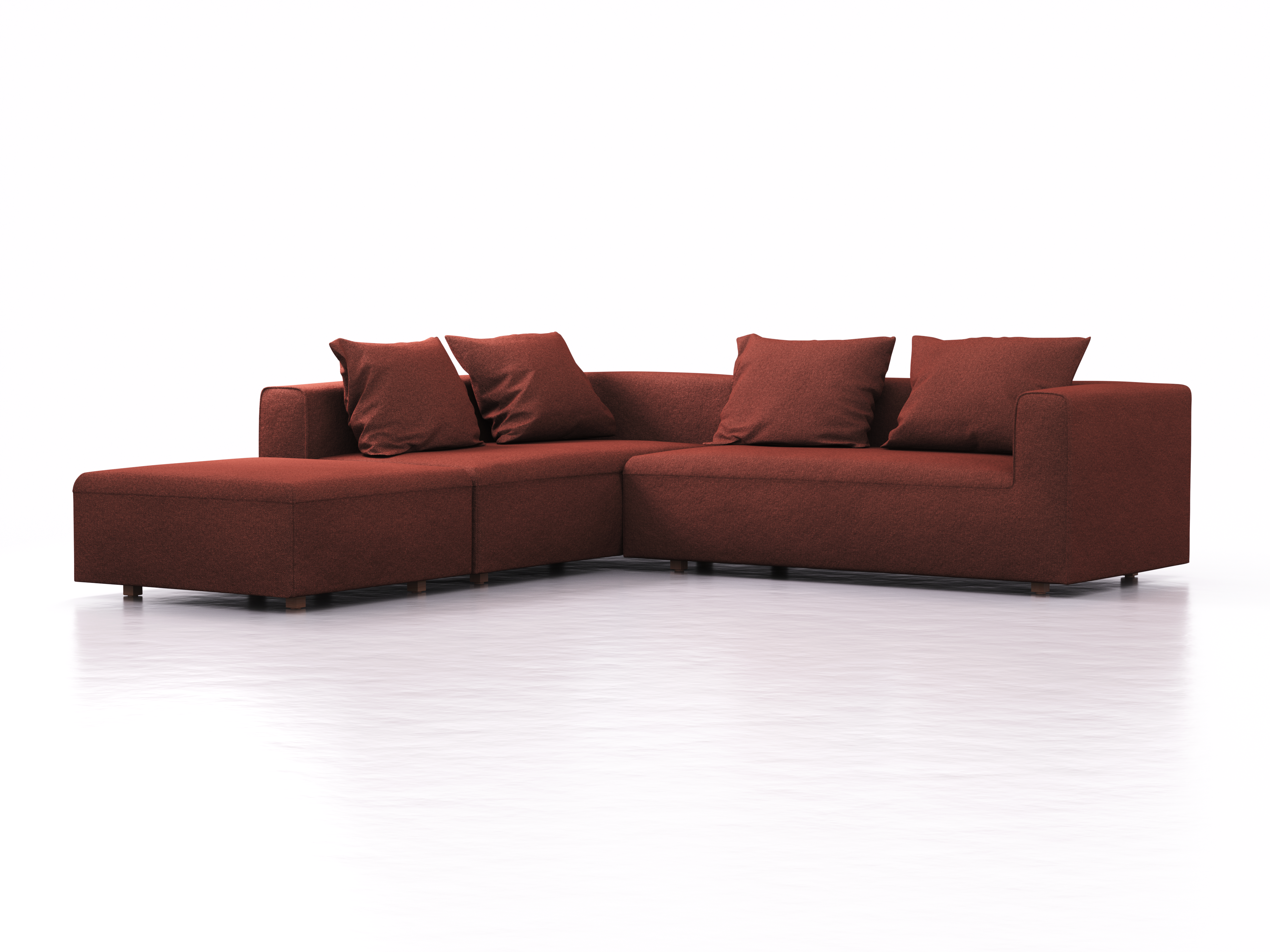 Ecksofa Sereno, bodennah, B276xT276xH71 cm, Sitzhöhe 43 cm, mit Liegeteil links inkl. 4 Kissen (70x55 cm), Buche, Wollstoff Kaland Ziegel