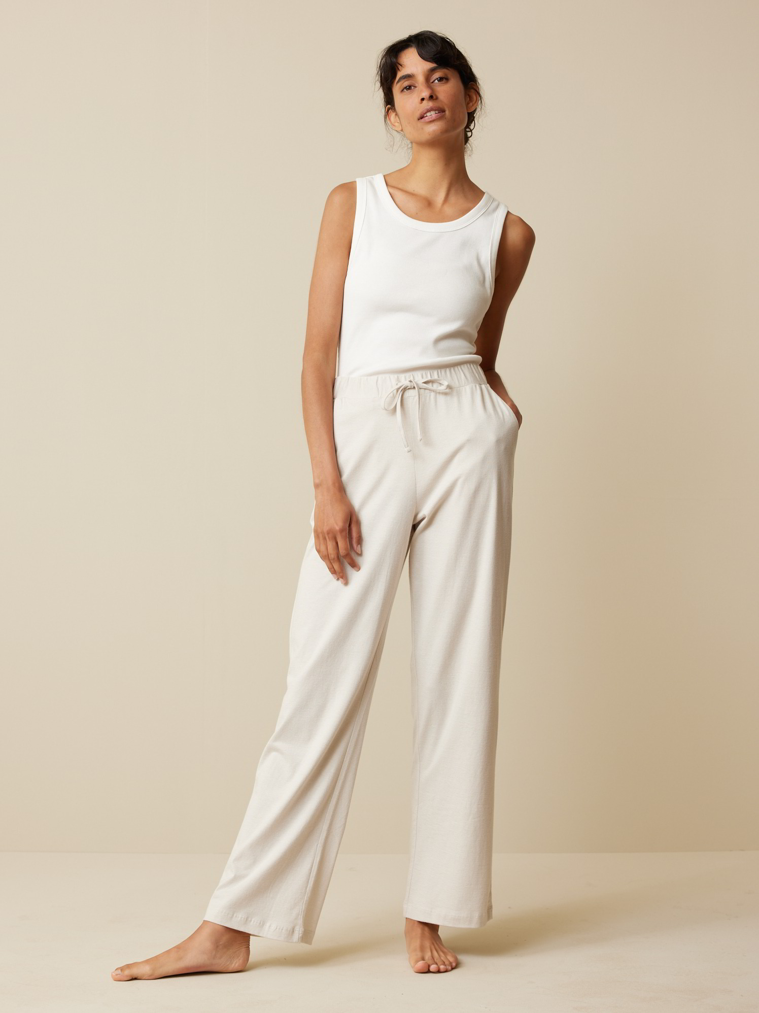 Pyjama Hose, 100 % Bio Baumwolle, sand-weiss ringel