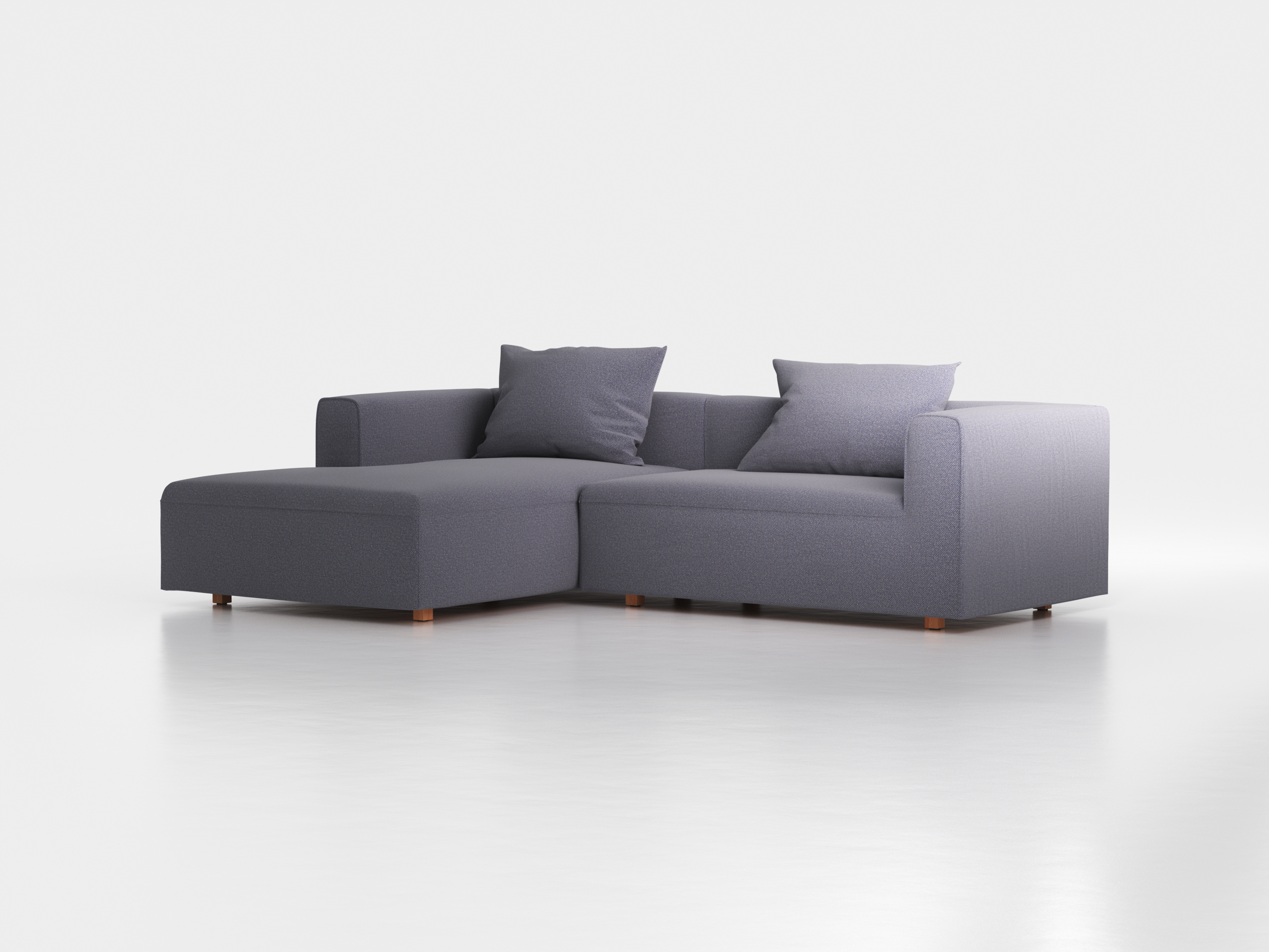 Lounge-Sofa Sereno  inkl. 2 Kissen (70x55 cm), B 267 x T 180 cm, Liegeteil links, Bodennah, mit Bezug Wollstoff Elverum Torfblau (82), Buche