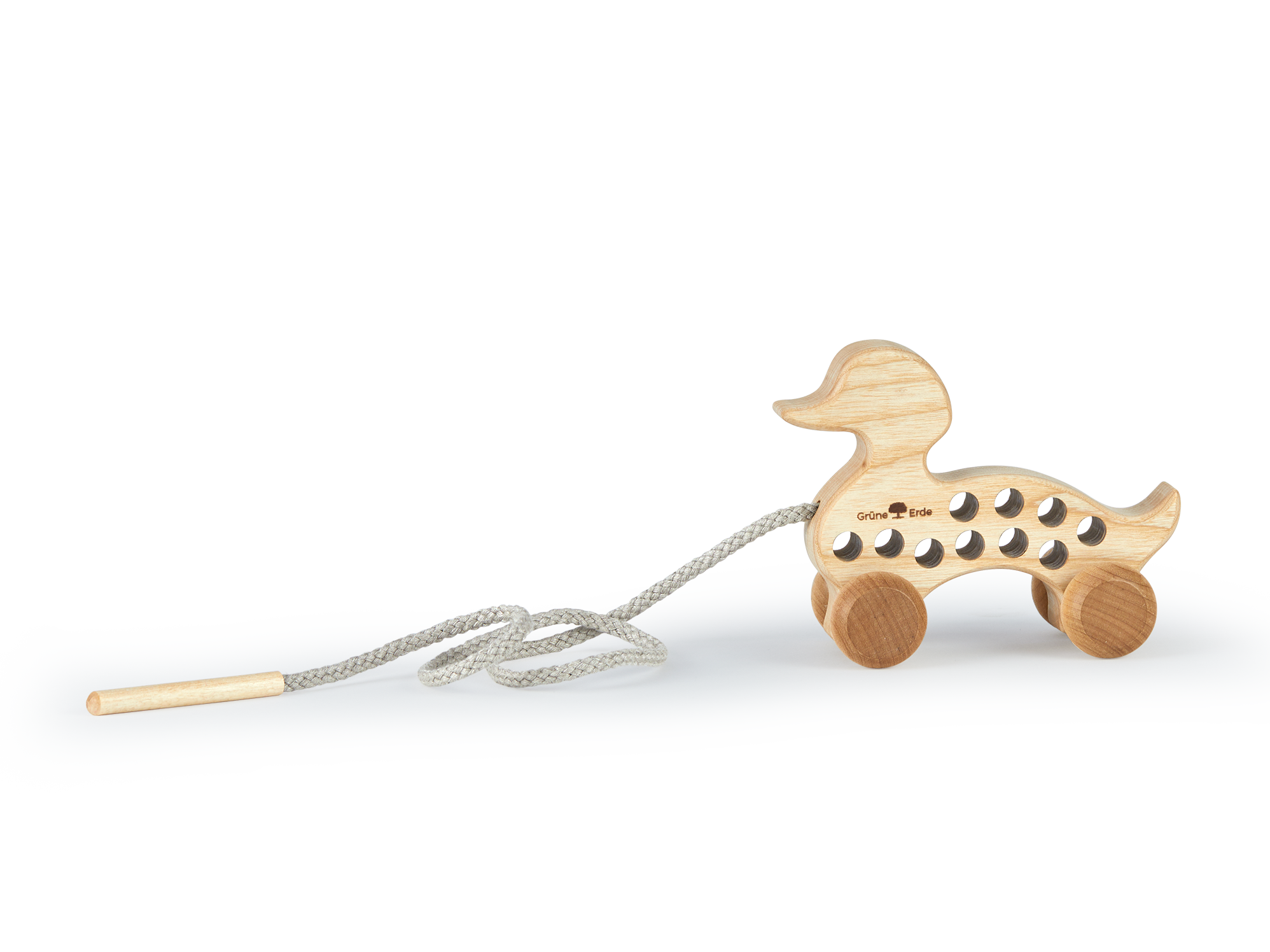 Rolltier Ente aus Eschenholz mit Leinenkordel zum Durchfädeln