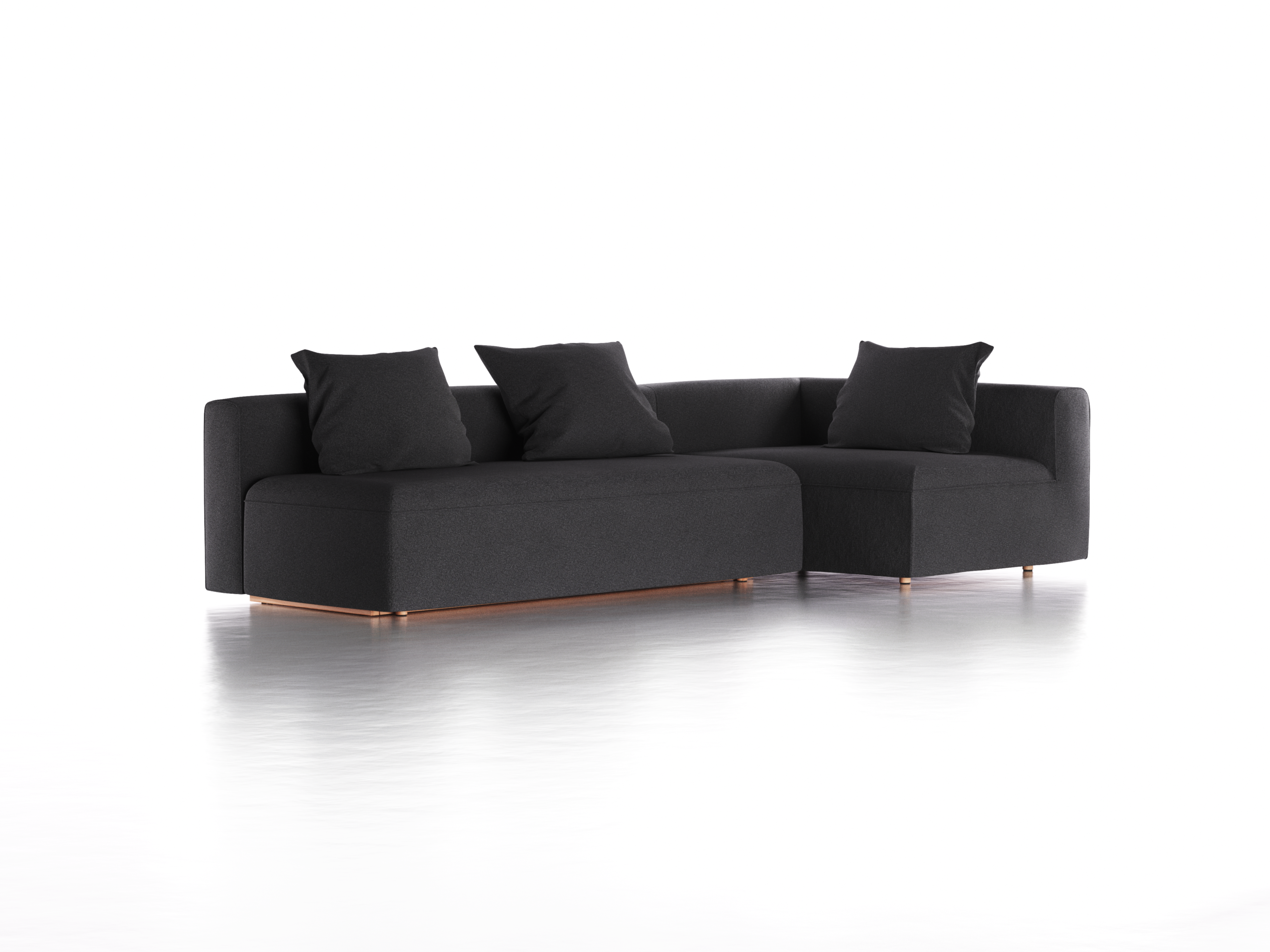 Ecksofa Sereno mit Schlaffunktion inkl. 3 Kissen (70x55 cm), Bodennah, B 300 x T 150 cm, Eckteil rechts, mit Bezug Wollstoff Kaland Schiefer (67), Buche