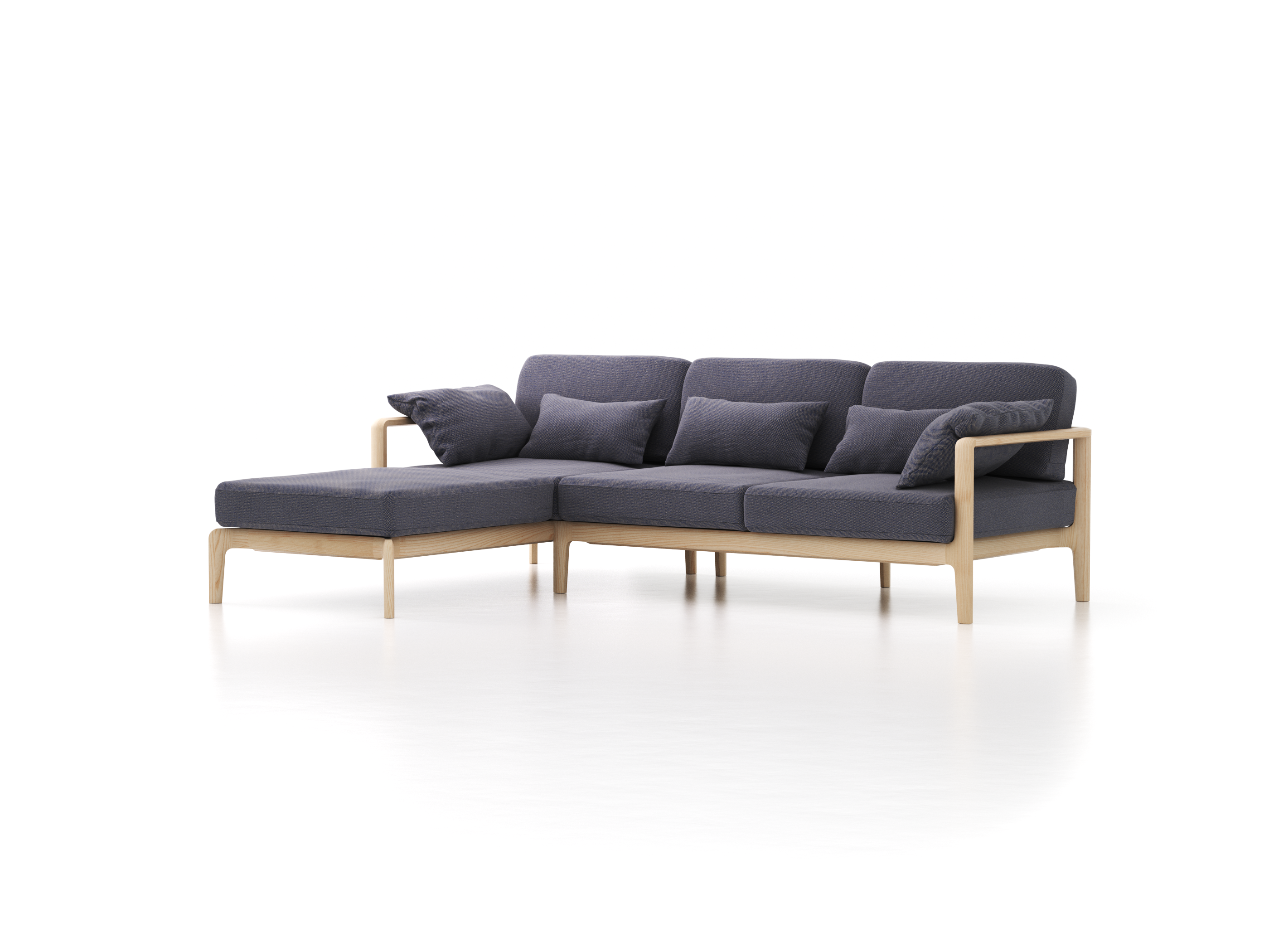 Loungesofa Linera, schmal mit Liegeteil links, Wollstoff Elverum Torfblau (82), Esche