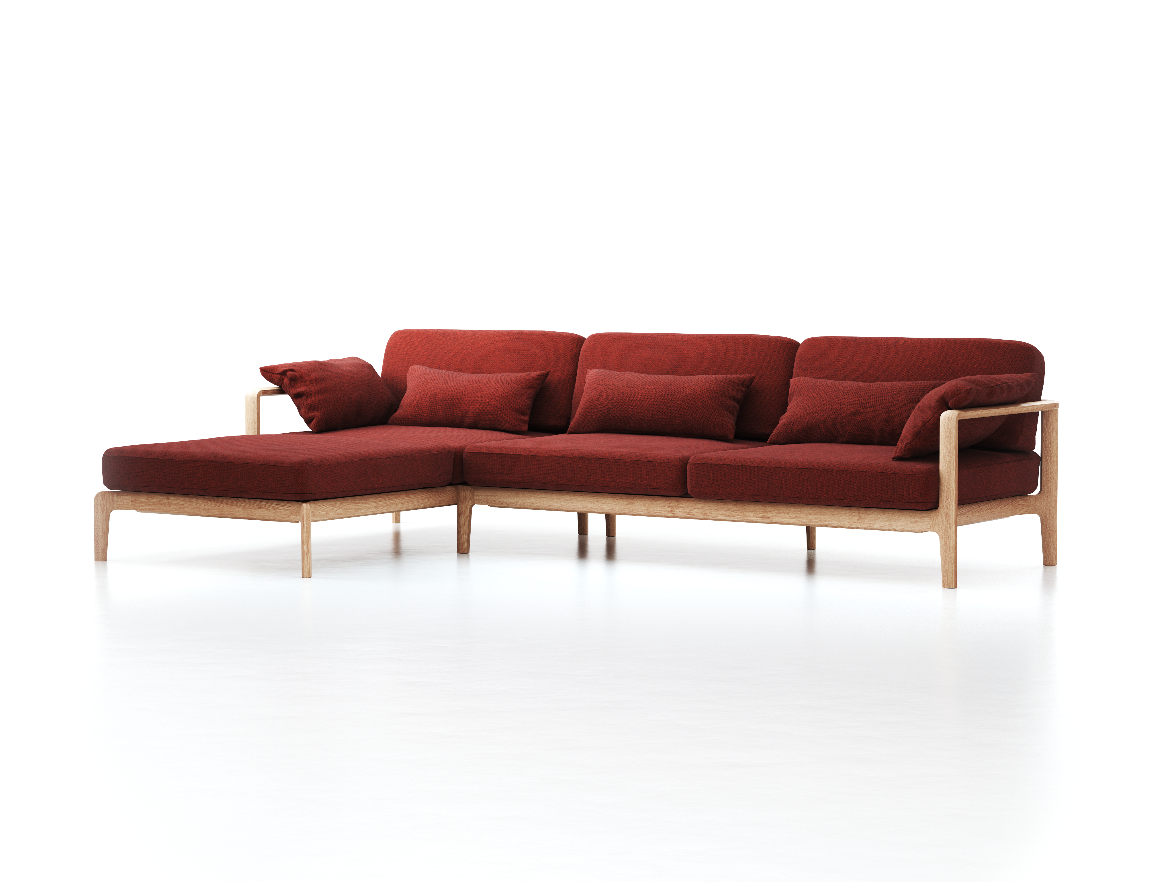 Loungesofa Linera, breit mit Liegeteil links, Wollstoff Kaland Ziegel (72), Eiche