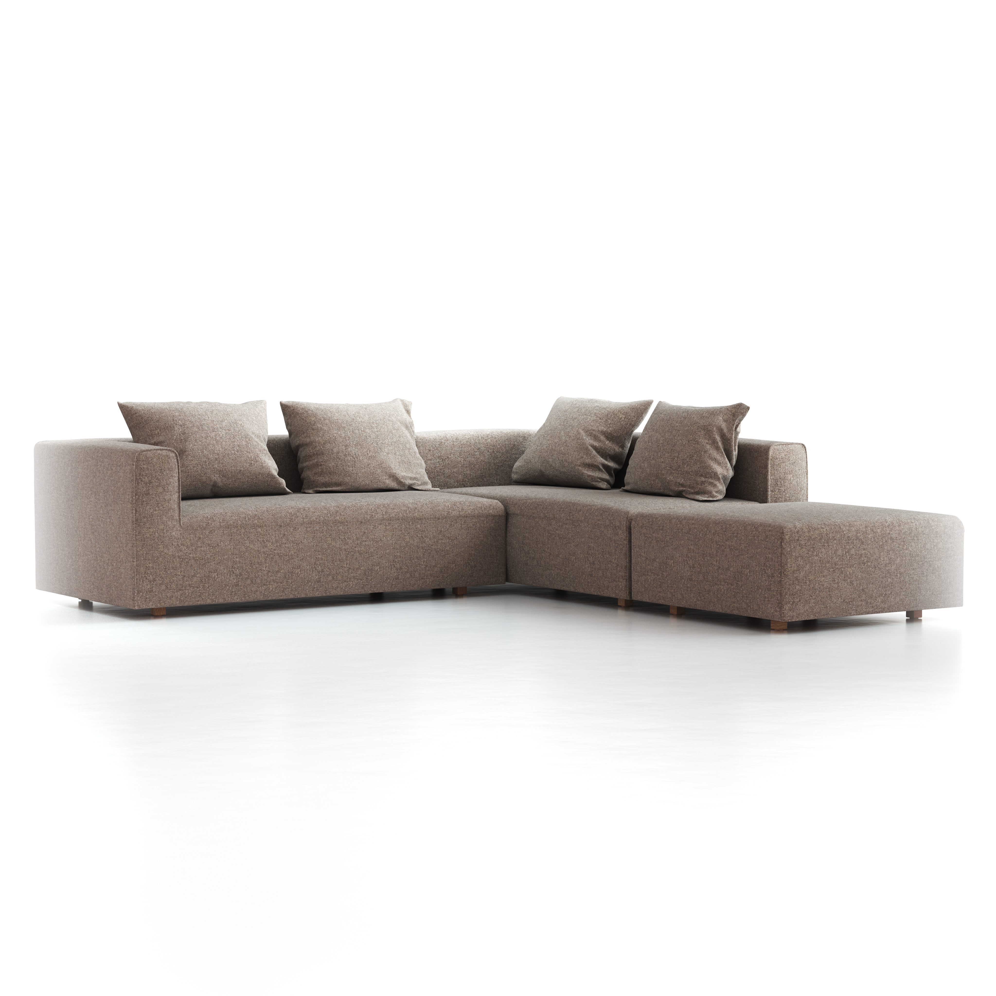 Ecksofa Sereno, 276 x 276 cm, Sofa Liegeteil rechts, Bodennah, mit Bezug Wollstoff Tano Natur (79), Eiche