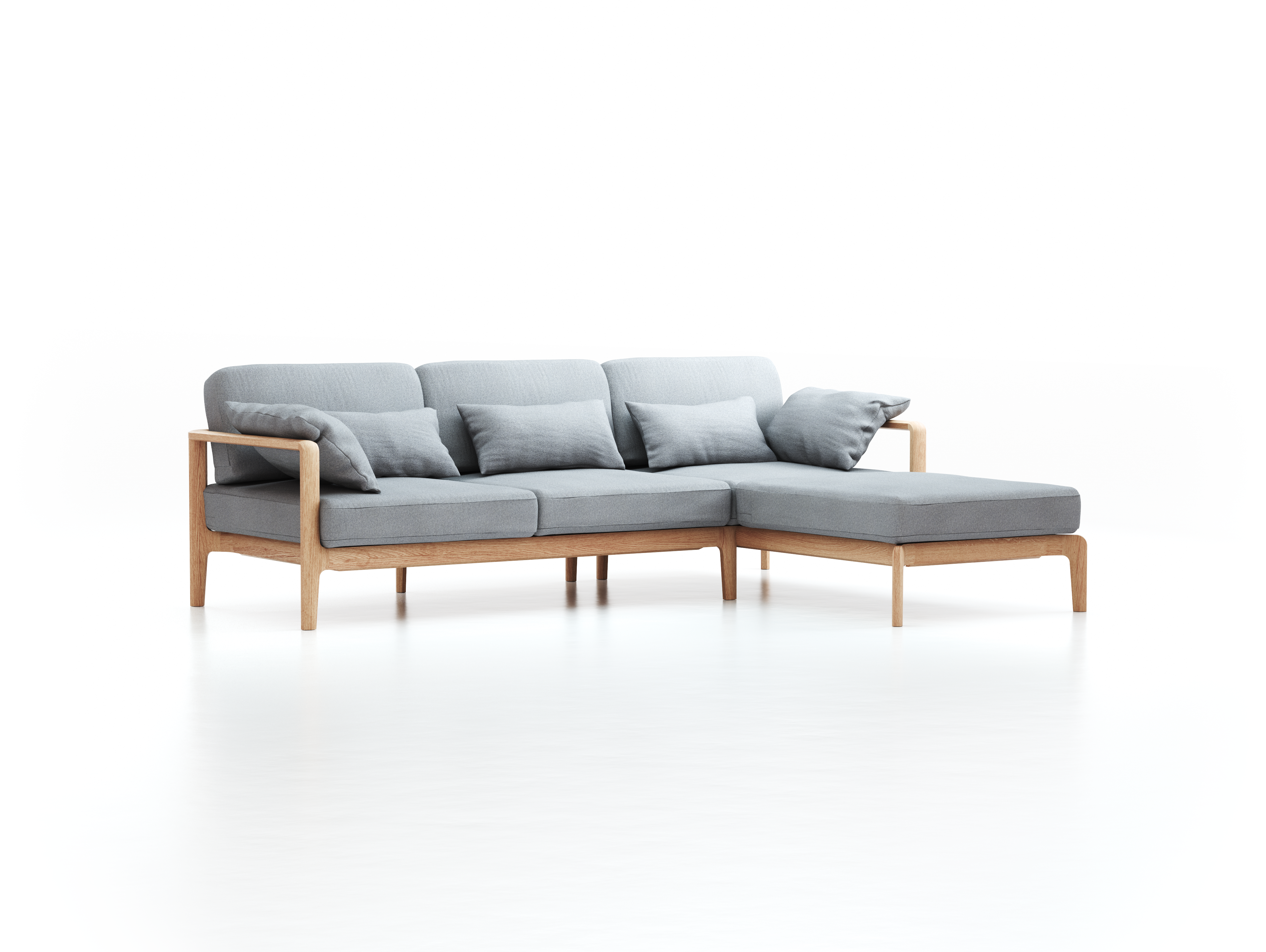 Loungesofa Linera, schmal mit Liegeteil rechts, Wollstoff Stavang Kiesel (62), Eiche