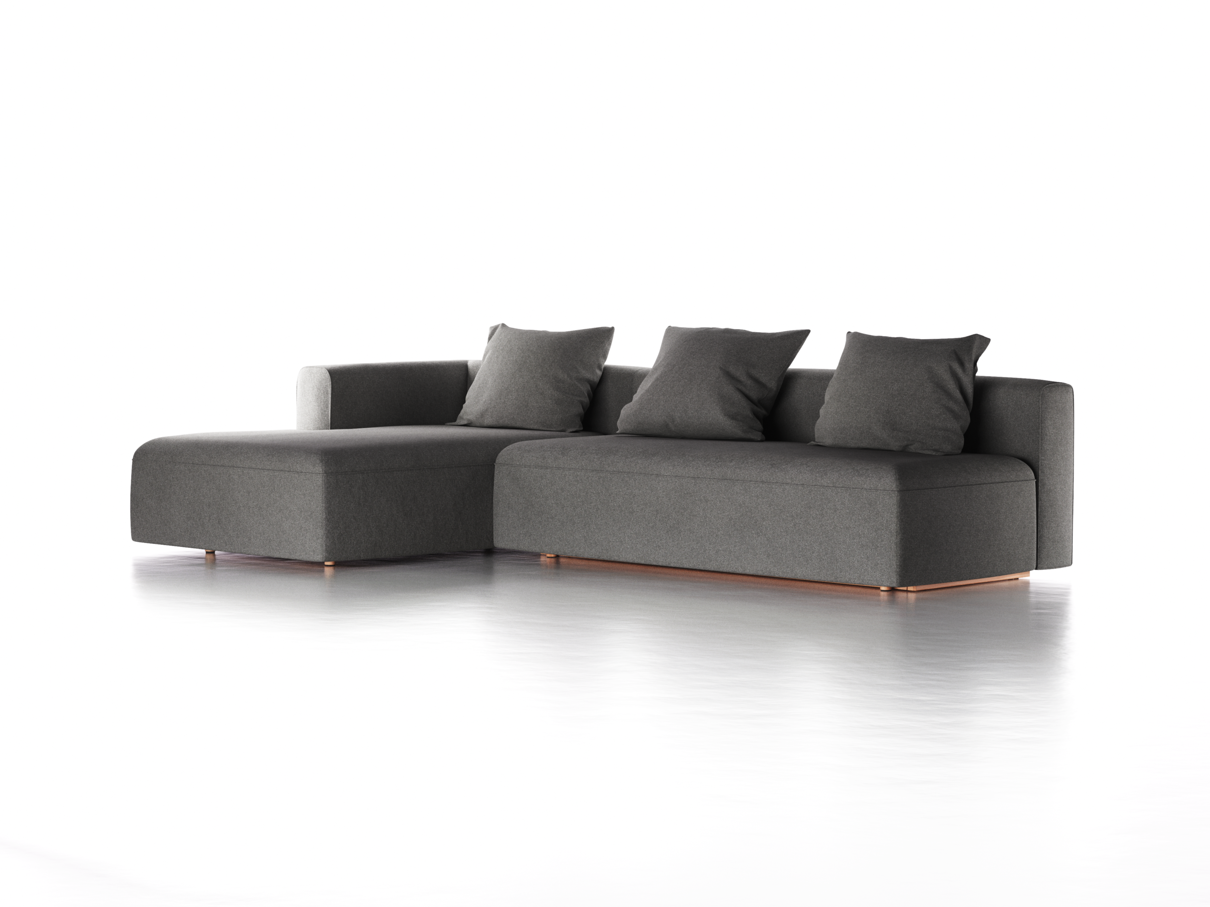 Lounge-Sofa Sereno mit Schlaffunktion inkl. 3 Kissen (70x55 cm), B 320,5 x T 180 cm, Bodennah, Liegeteil links, Buche, mit Bezug Wollstoff Stavang Stein (61)