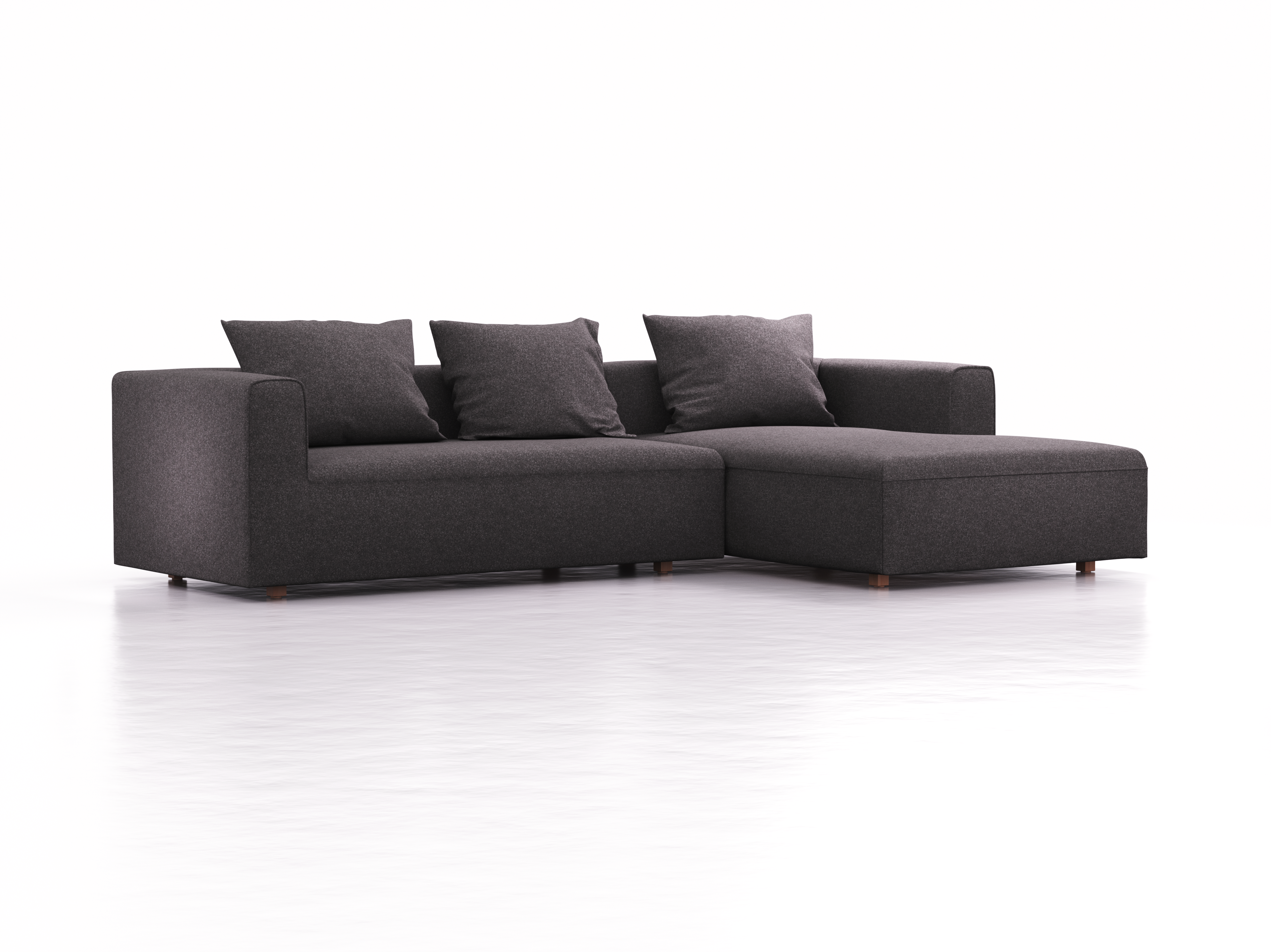 Lounge-Sofa Sereno, bodennah, B297xT180xH71 cm, Sitzhöhe 43 cm, mit Liegeteil rechts inkl. 3 Kissen (70x55 cm), Buche, Wollstoff Stavang Stein