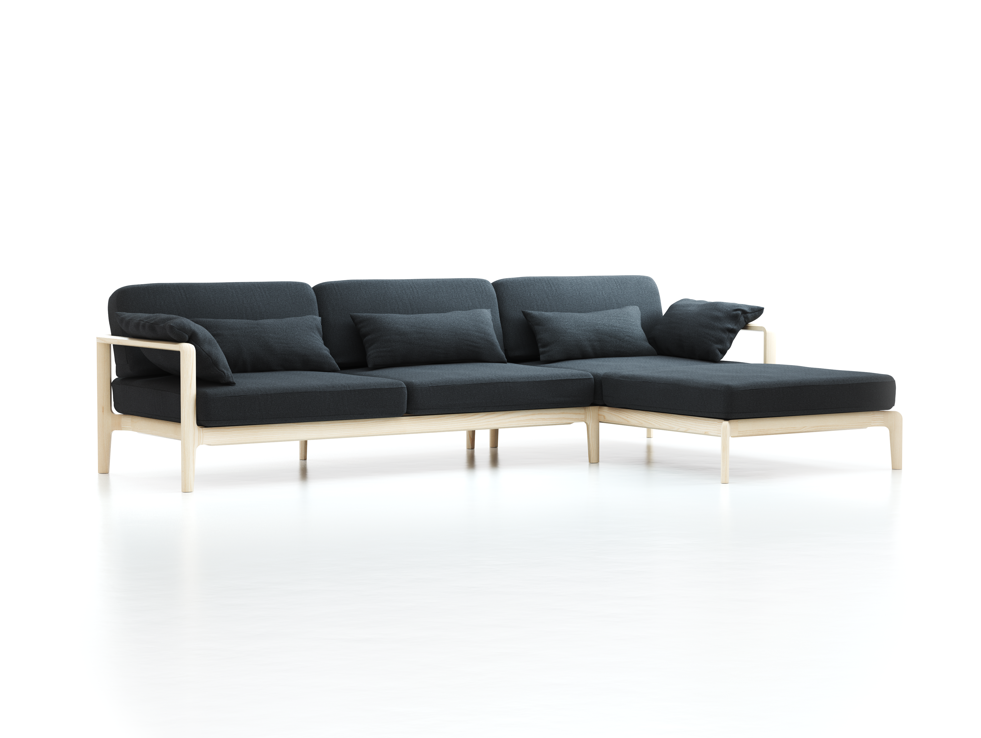 Loungesofa Linera, breit mit Liegeteil rechts, Wollstoff Kaland Schiefer (67), Esche