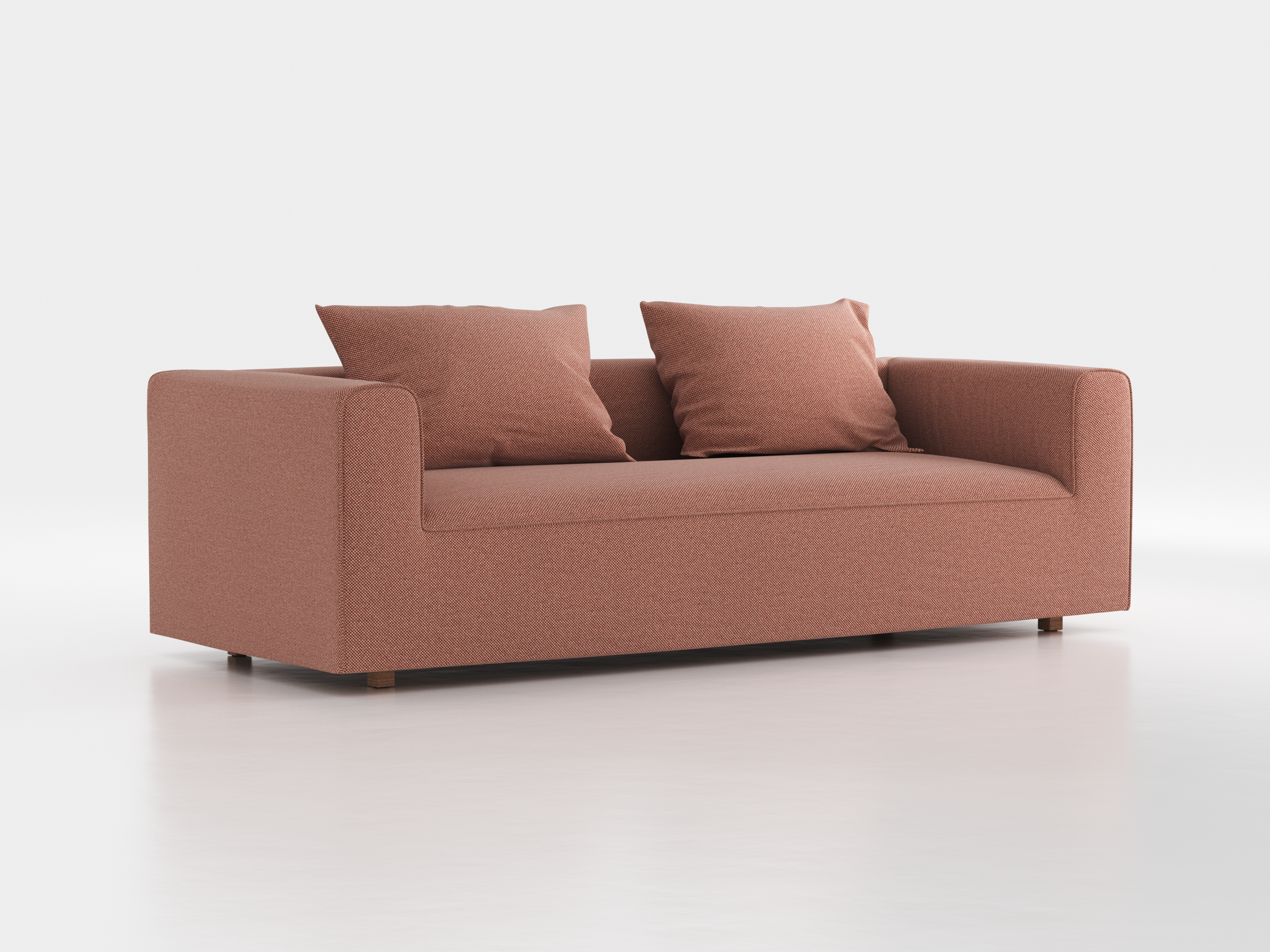 3er-Sofa Sereno B 235 x T 96 cm, inkl. 2 Kissen (70x55 cm), Bodennah, mit Bezug Wollstoff Elverum Ziegel (85), Eiche