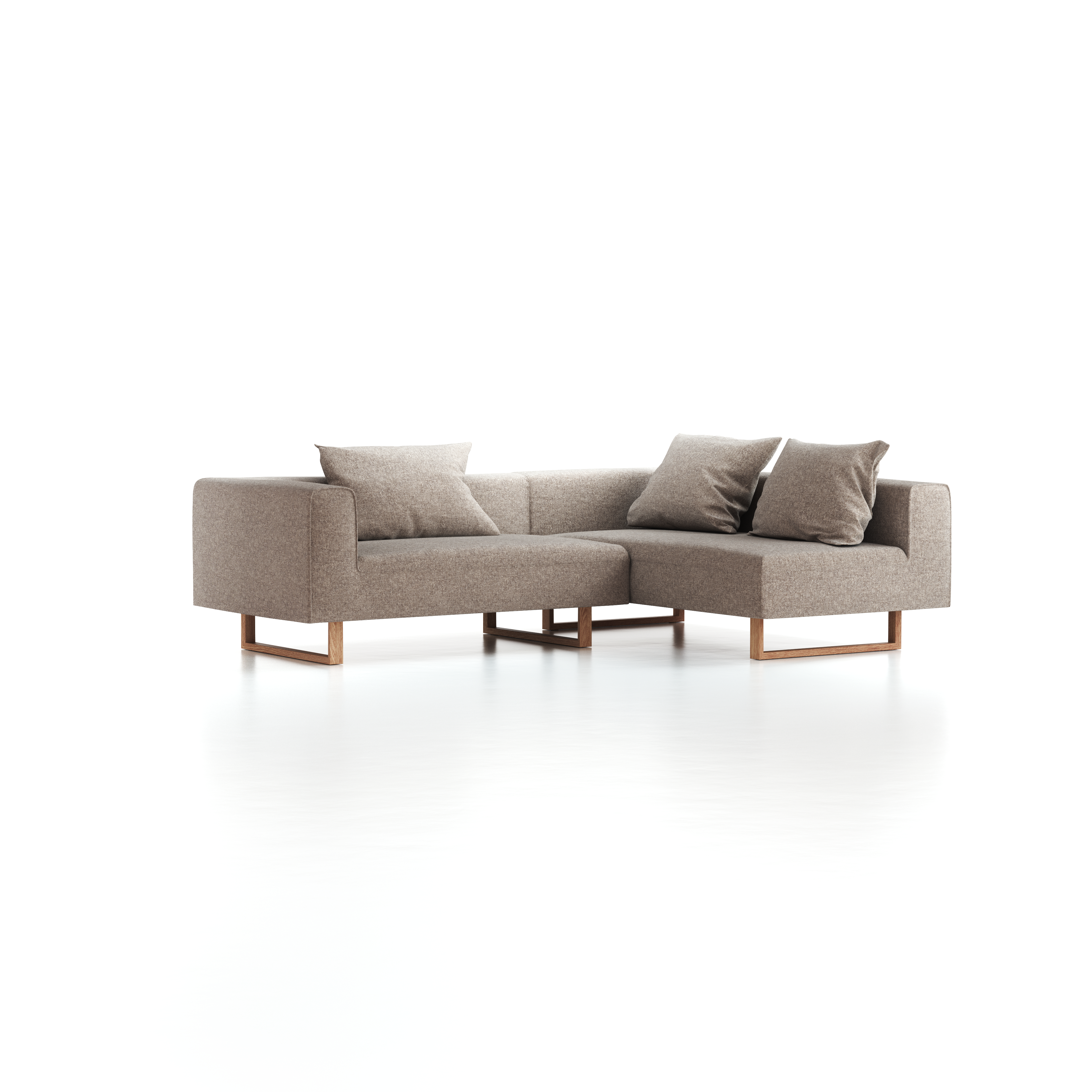 Ecksofa Sereno mit Liegeteil inkl. 3 Kissen (70x55 cm), Liegeteil rechts, B 246 x T 180 cm, Kufenfuß, mit Bezug Wollstoff Tano Natur (79), Eiche