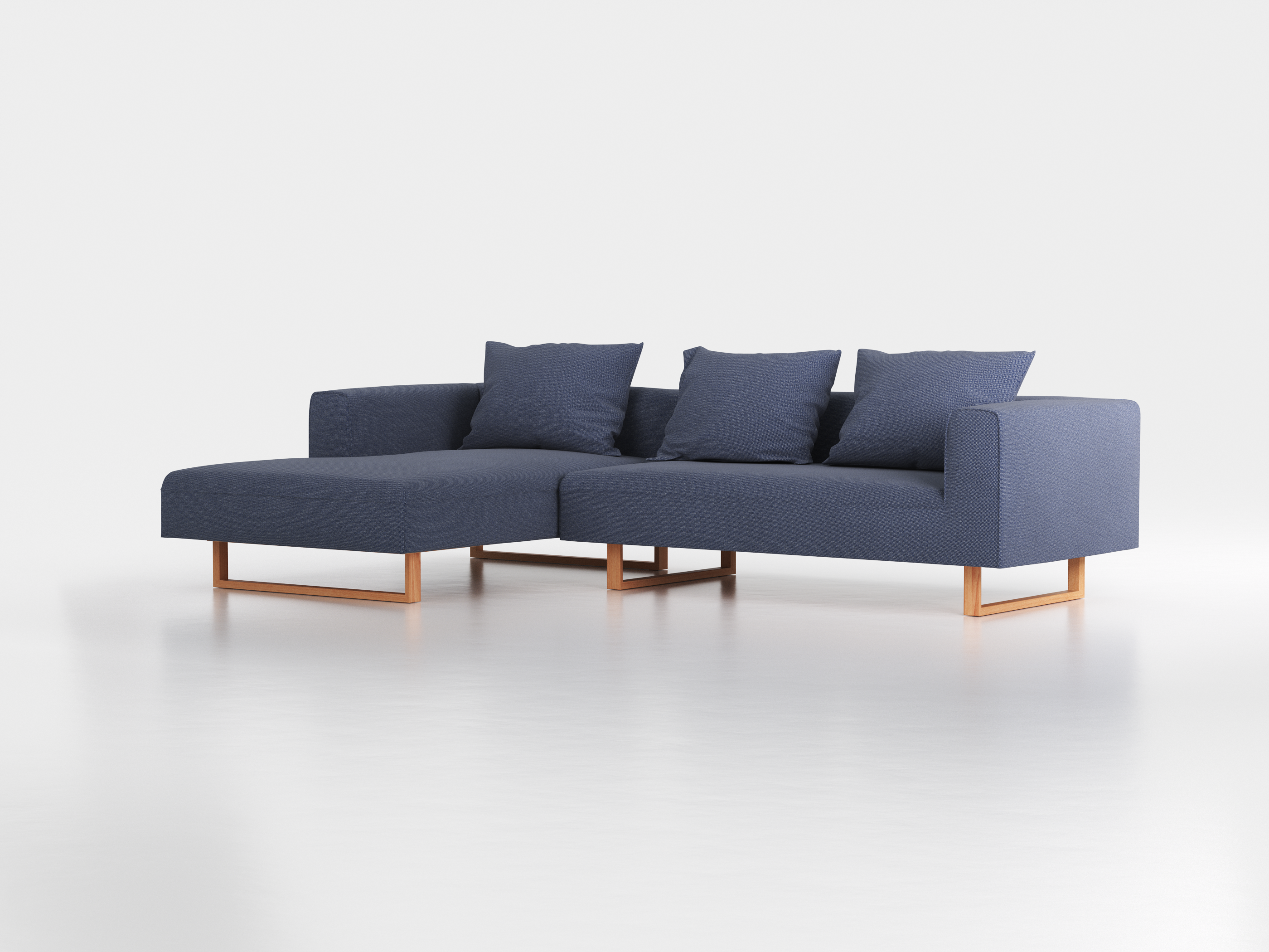 Lounge-Sofa Sereno inkl. 3 Kissen (70x55 cm), B 297 x T 180 cm, Liegeteil links, Kufenfuß, mit Bezug Wollstoff Elverum Ozean (75), Buche