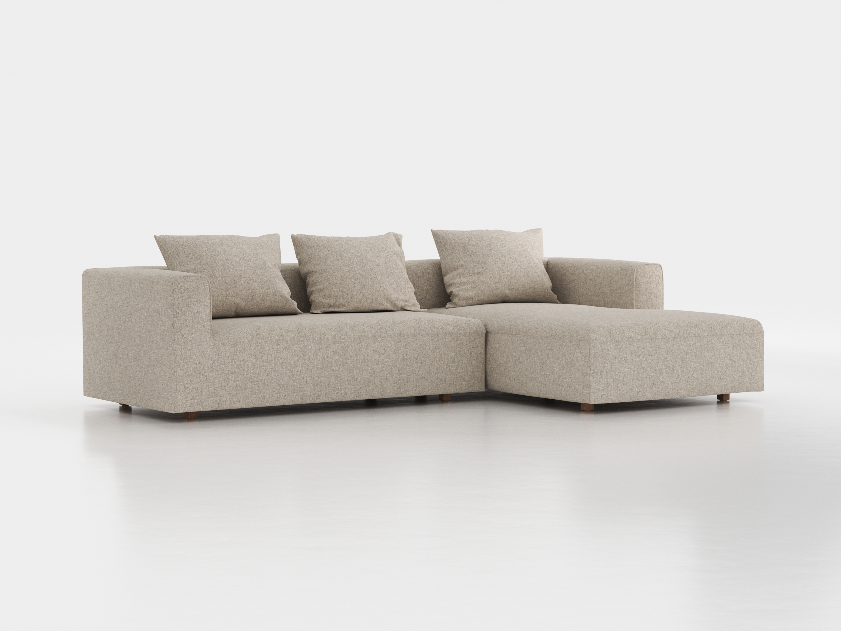 Lounge-Sofa  Sereno inkl. 3 Kissen (70x55 cm), B 297 x T 180 cm, Liegeteil rechts, Bodennah, mit Bezug Wollstoff Tano Natur Hell (80), Eiche