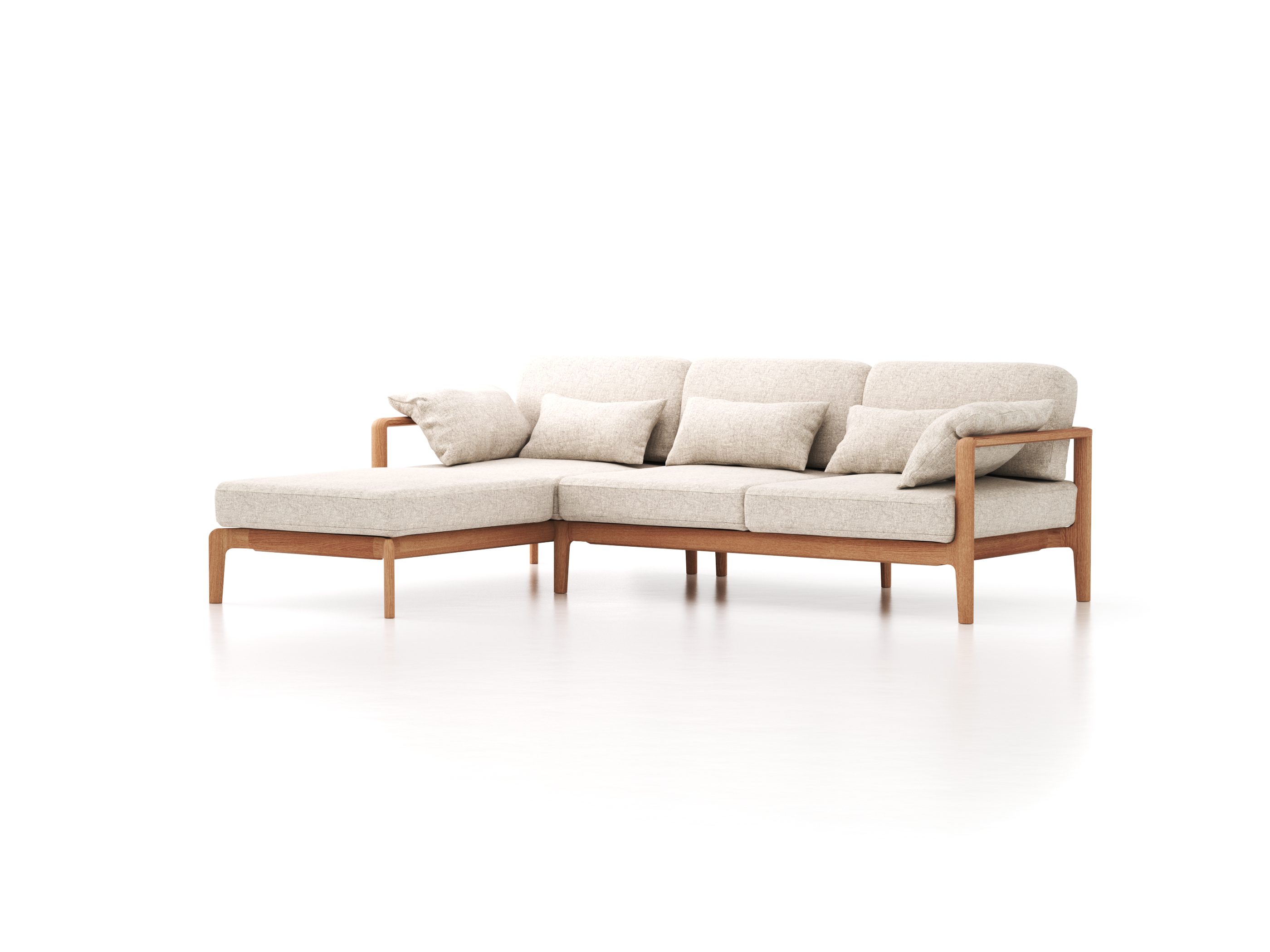 Loungesofa Linera, schmal mit Liegeteil links, Wollstoff Tano Natur Hell (80), Eiche