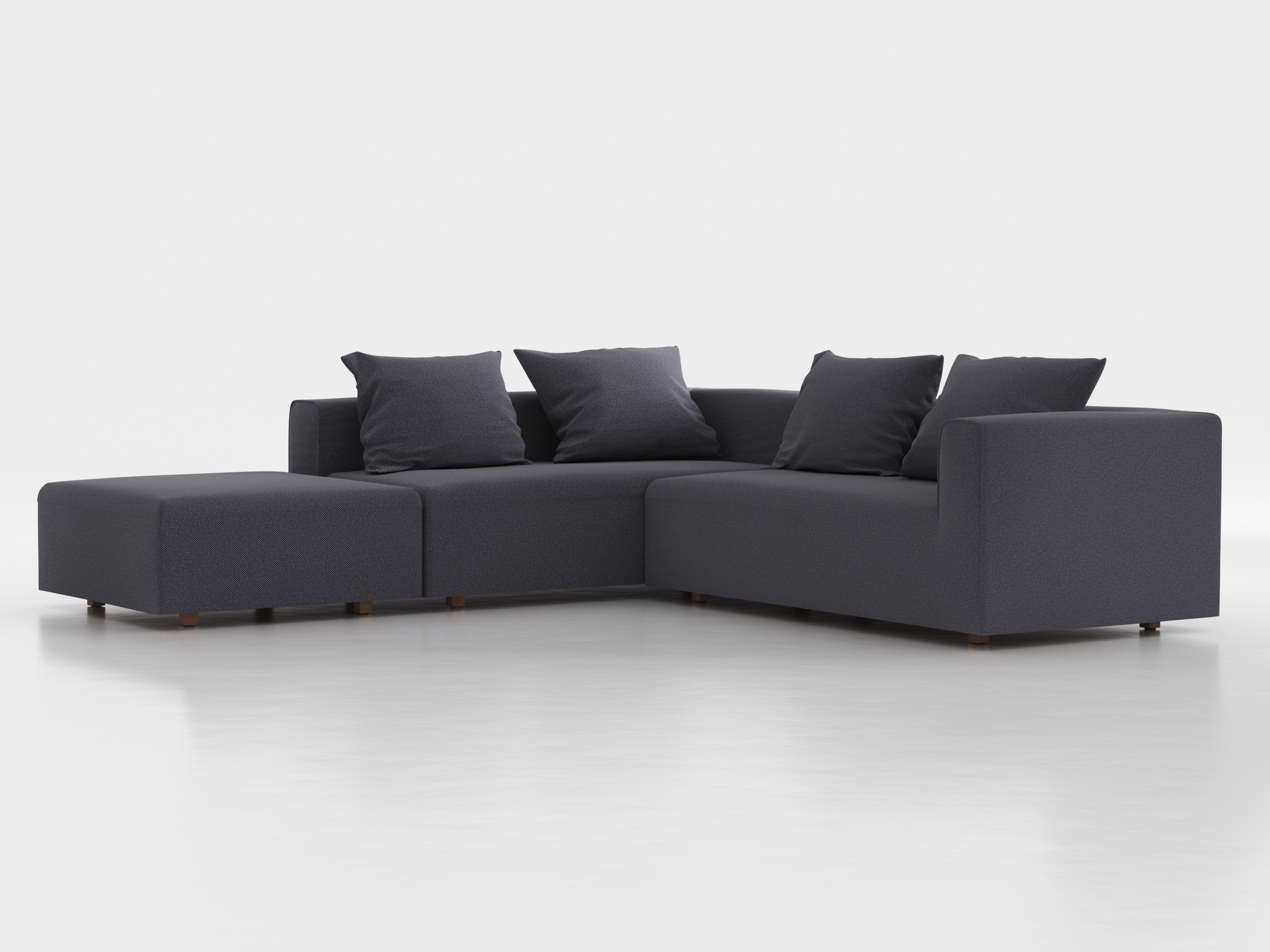 Ecksofa Sereno, 276 x 276 cm, inkl. 4 Kissen (70 x 55 cm), Liegeteil links, Bodennah, mit Bezug Wollstoff Elverum Torfblau (82), Eiche