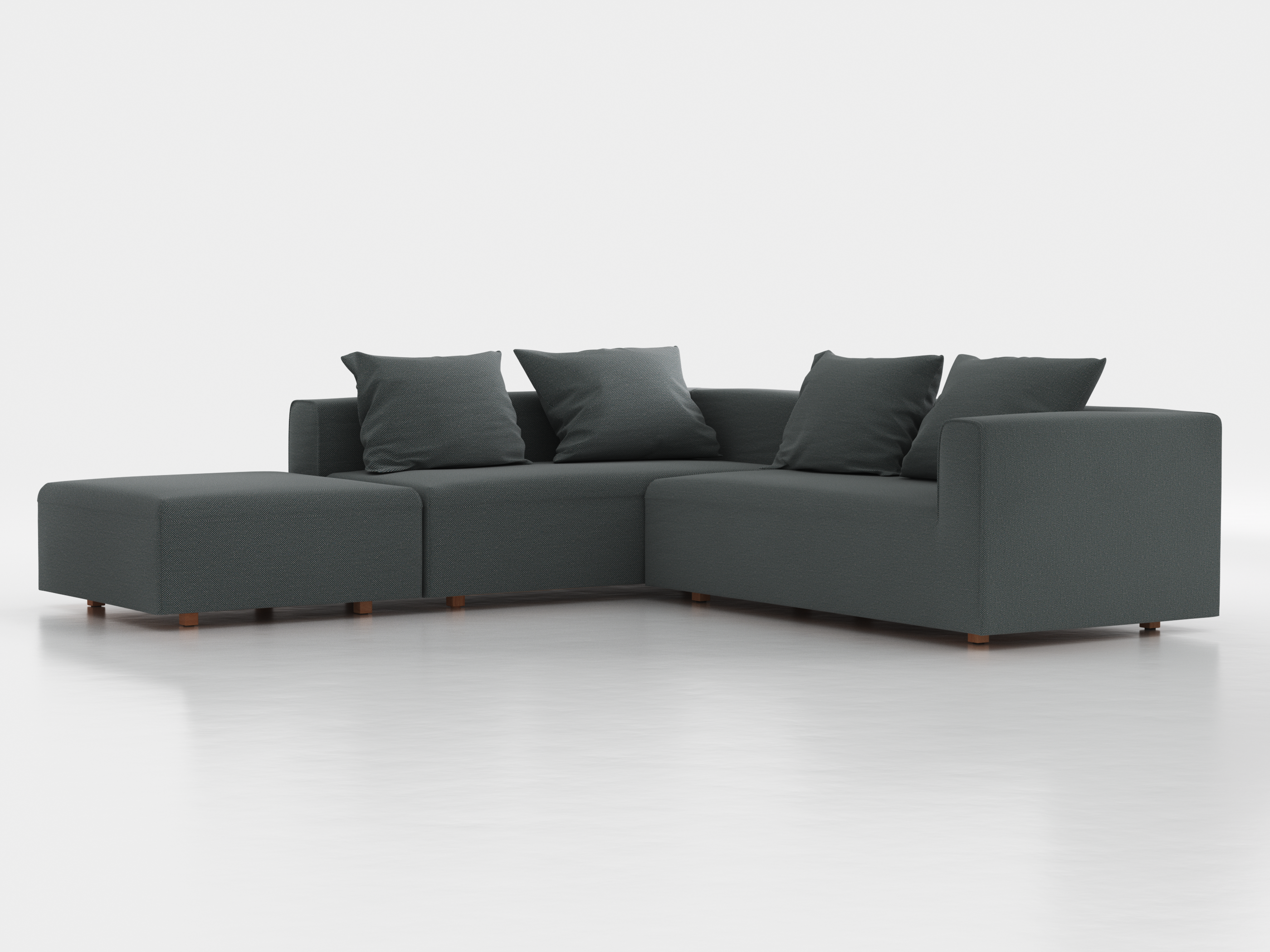 Ecksofa Sereno, 276 x 276 cm, inkl. 4 Kissen (70 x 55 cm), Liegeteil links, Bodennah, mit Bezug Wollstoff Elverum Grüngrau (84), Buche