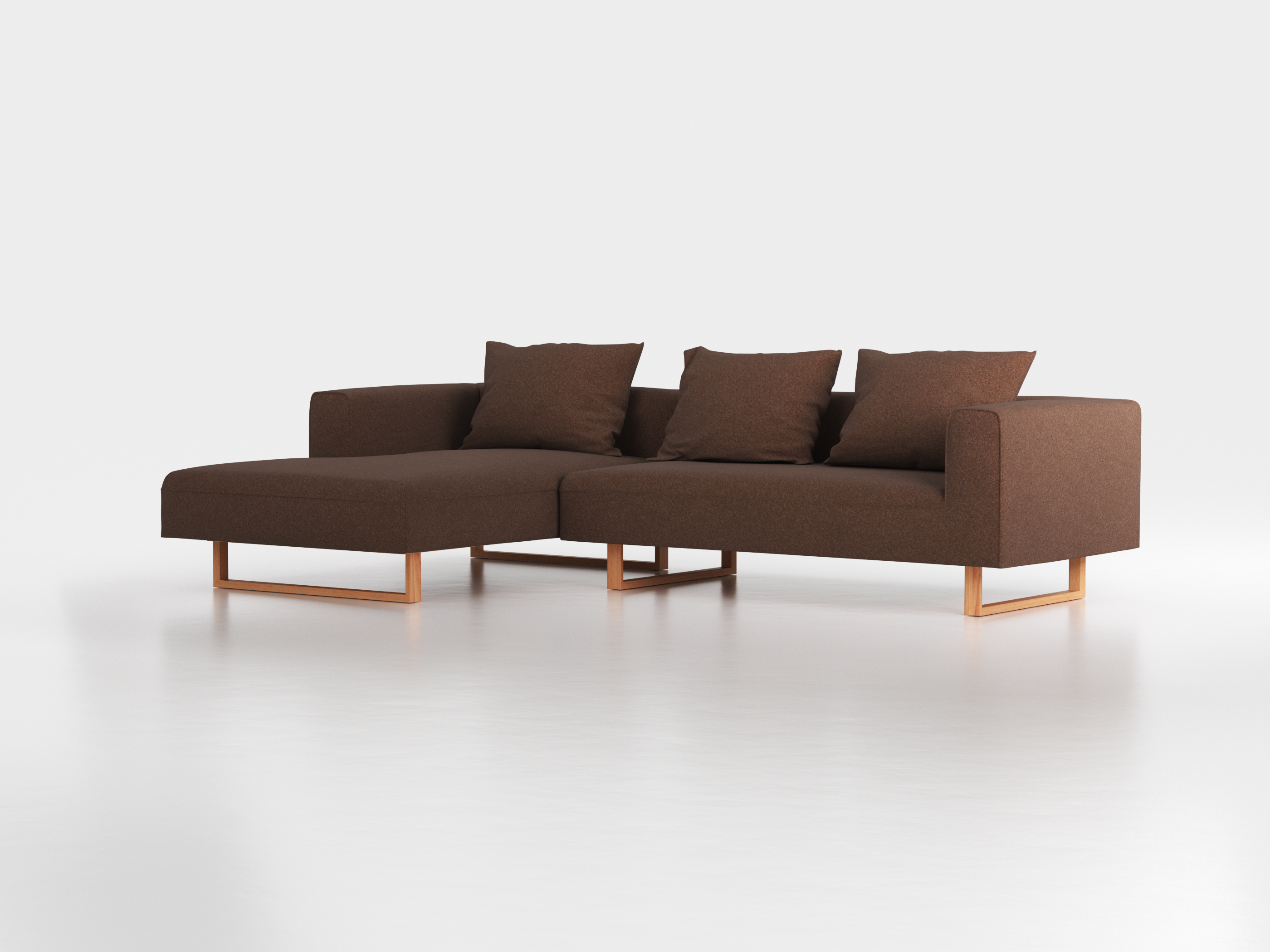Lounge-Sofa Sereno inkl. 3 Kissen (70x55 cm), B 297 x T 180 cm, Liegeteil links, Kufenfuß, mit Bezug Wollstoff Stavang Torf (64), Buche