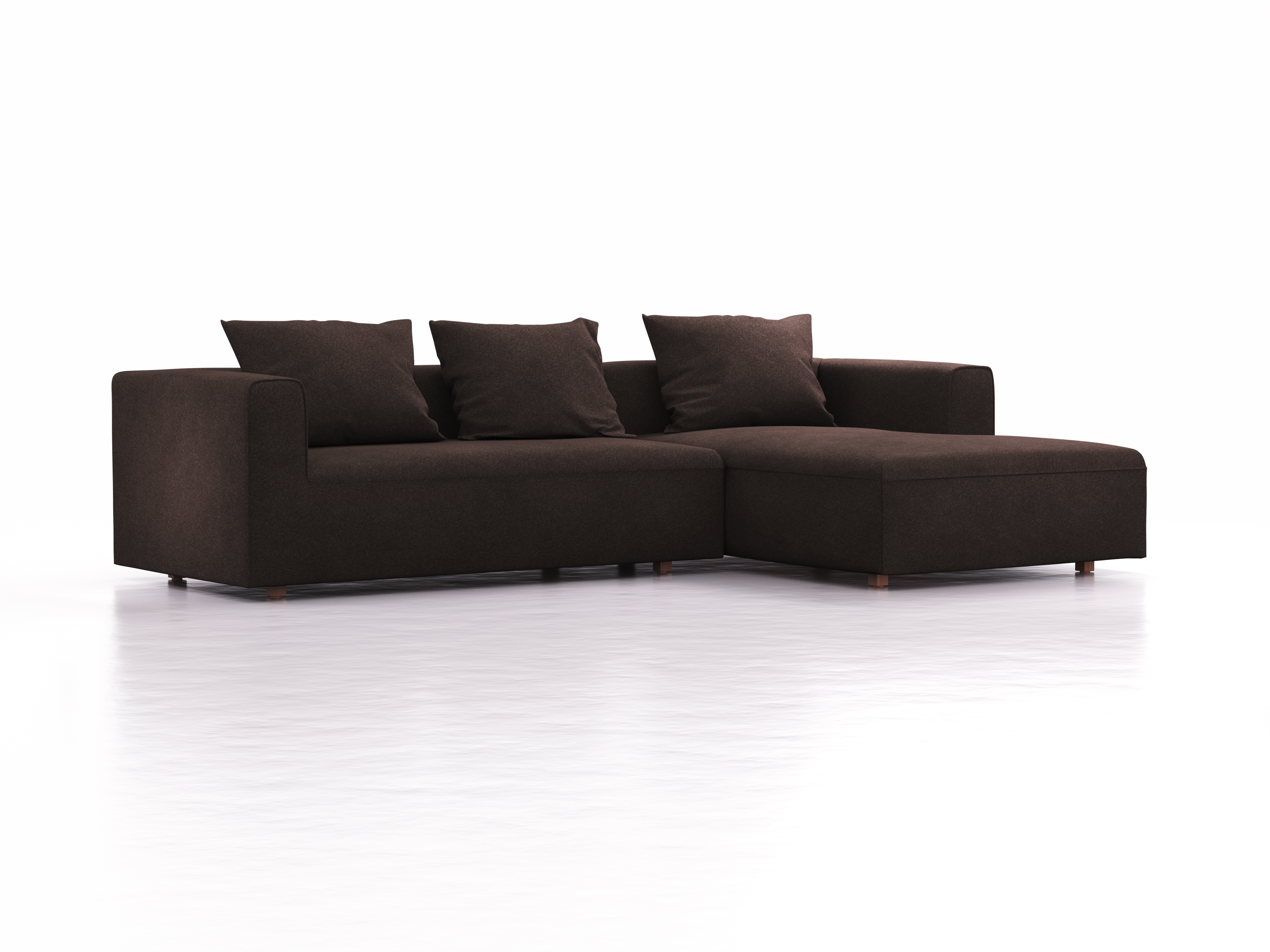 Lounge-Sofa Sereno, bodennah, B297xT180xH71 cm, Sitzhöhe 43 cm, mit Liegeteil rechts inkl. 3 Kissen (70x55 cm), Buche, Wollstoff Stavang Torf
