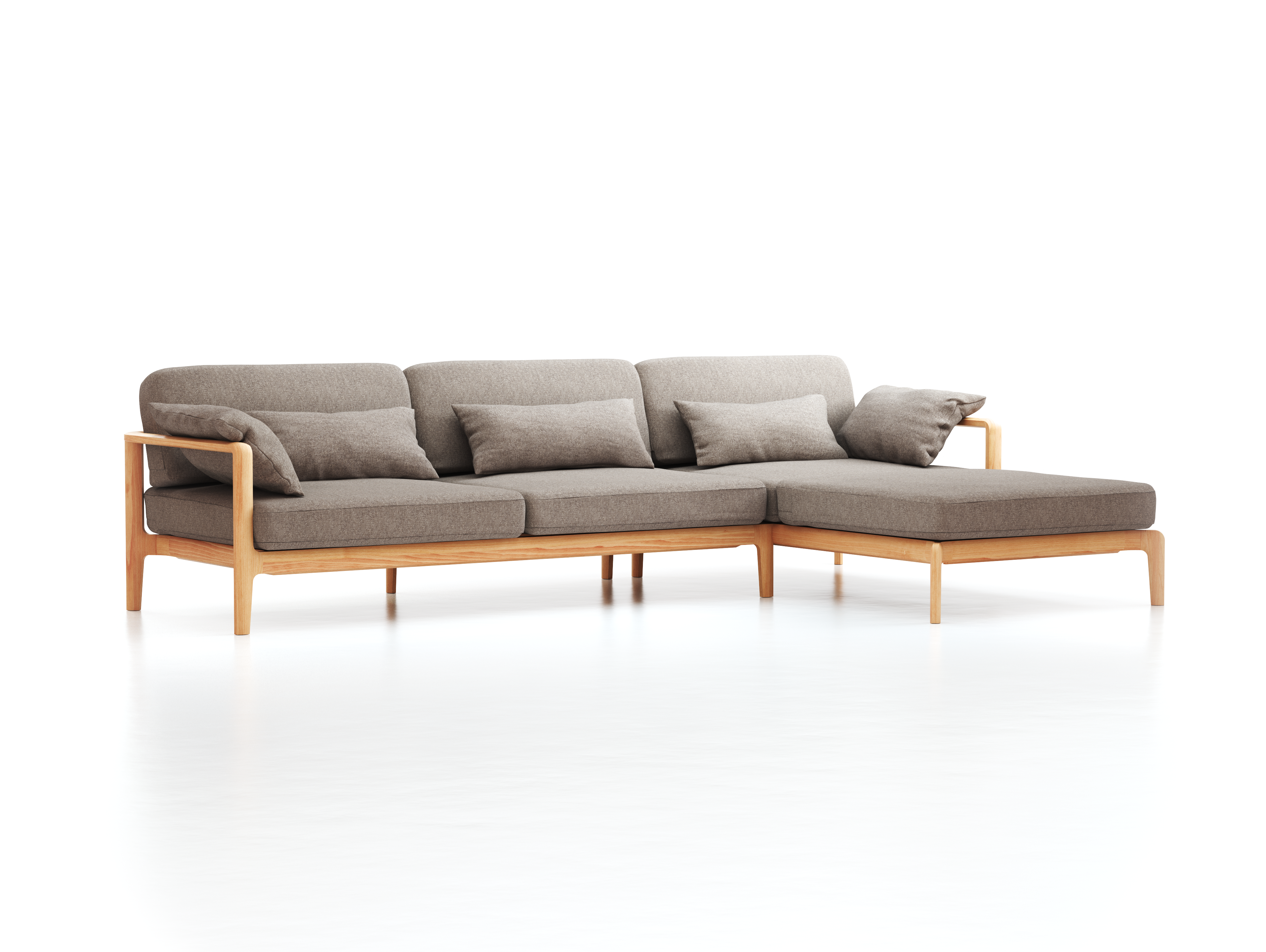 Loungesofa Linera, breit mit Liegeteil rechts, Wollstoff Tano Natur (79), Buche