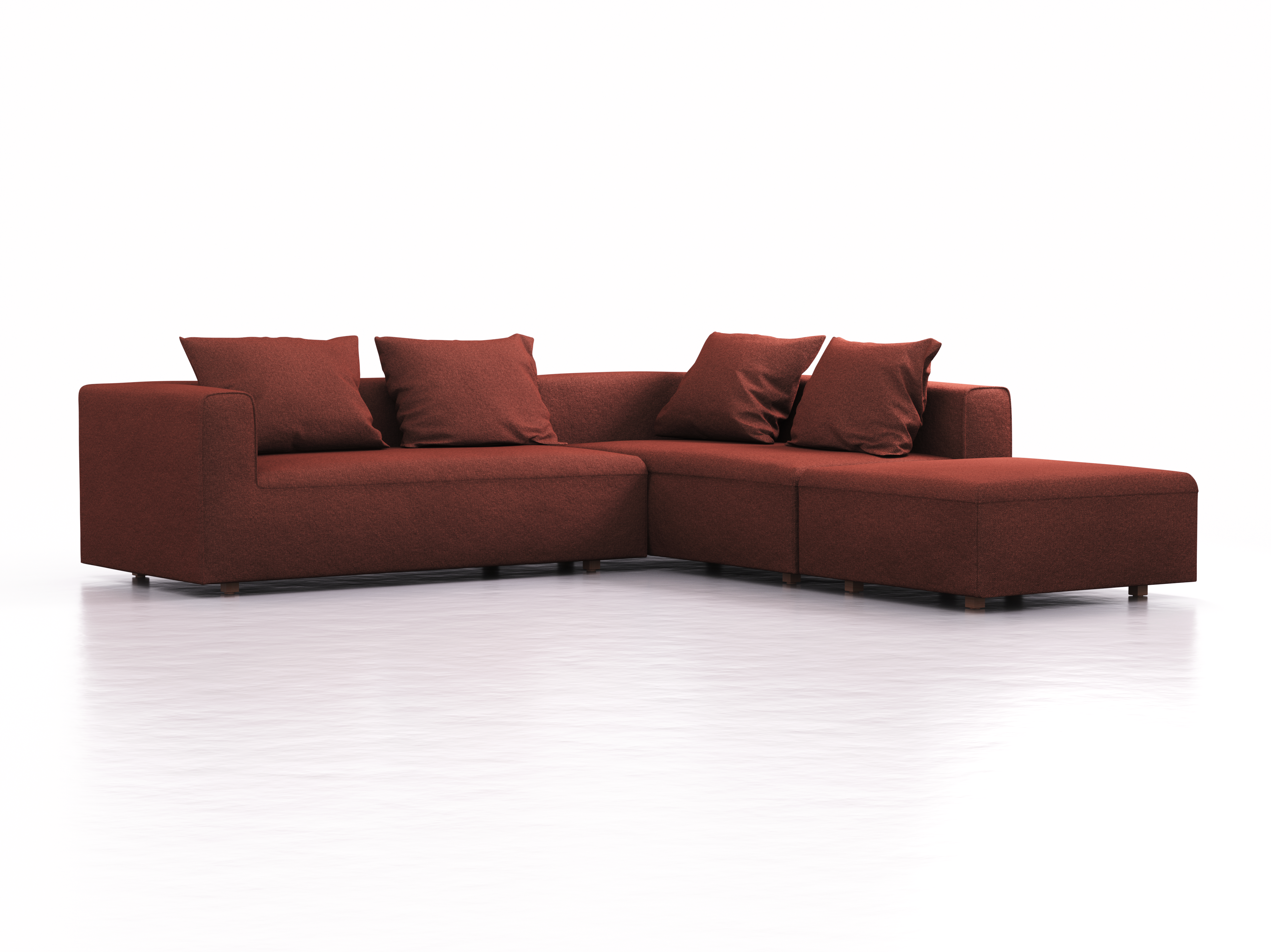 Ecksofa Sereno, bodennah, B276xT276xH71 cm, Sitzhöhe 43 cm, mit Liegeteil rechts inkl. 4 Kissen (70x55 cm), Buche, Wollstoff Kaland Ziegel