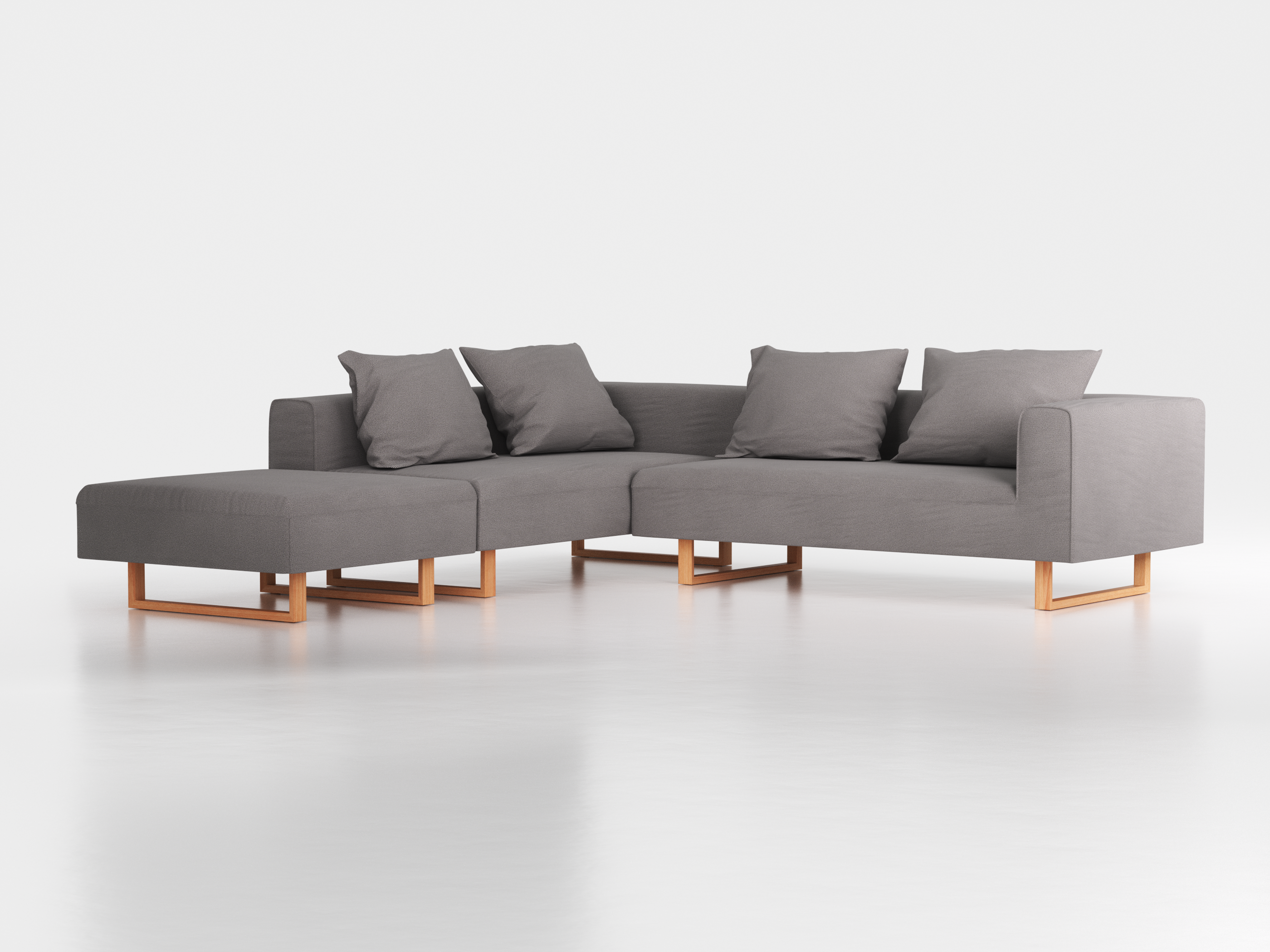 Ecksofa Sereno, 276 x 276 cm, inkl. 4 Kissen (70 x 55 cm), Liegeteil links, Kufenfuß, mit Bezug Wollstoff Elverum Mocca (73), Buche