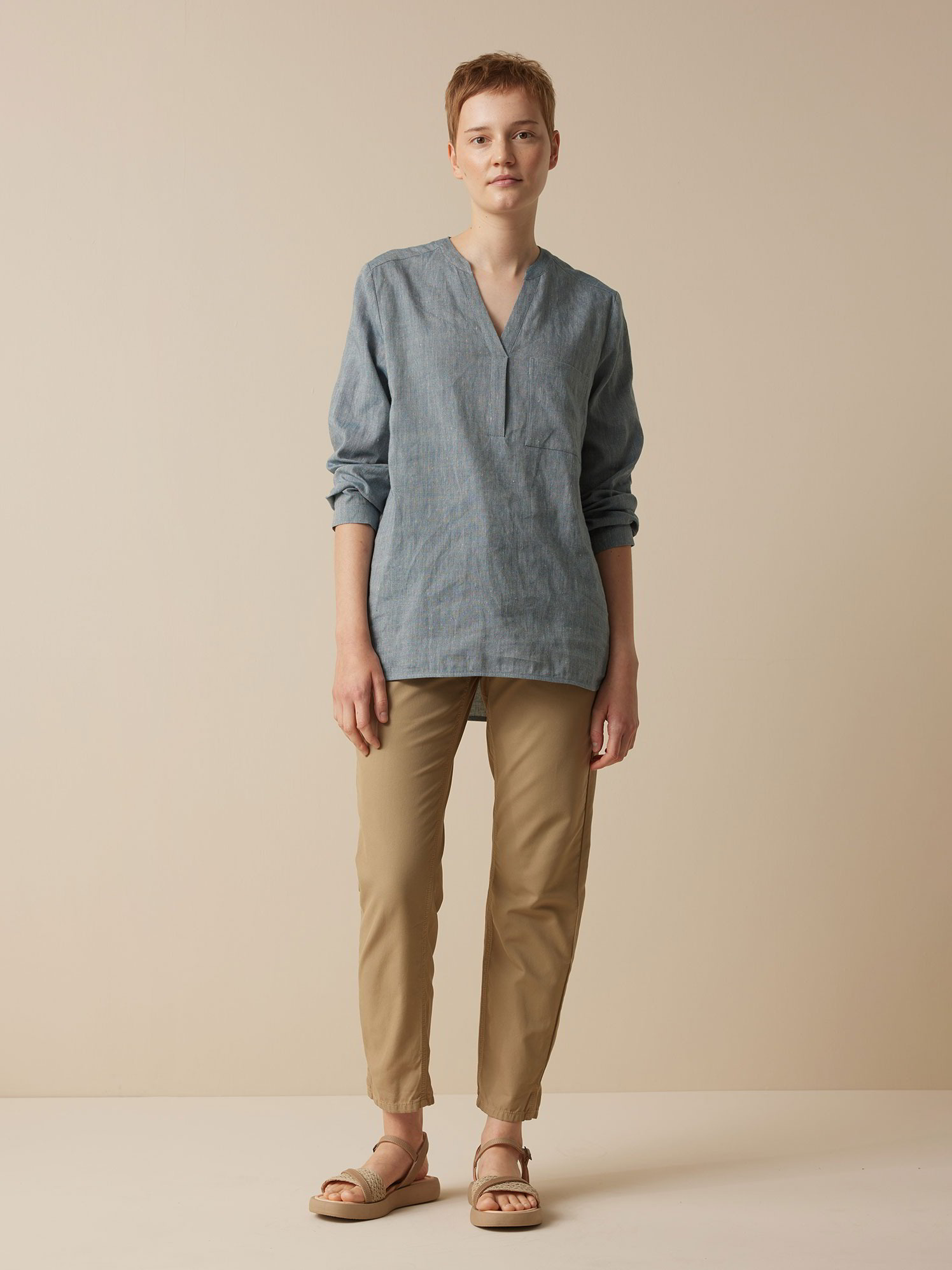 Bluse aus Bio-Leinen und Baumwolle, ozeanblau