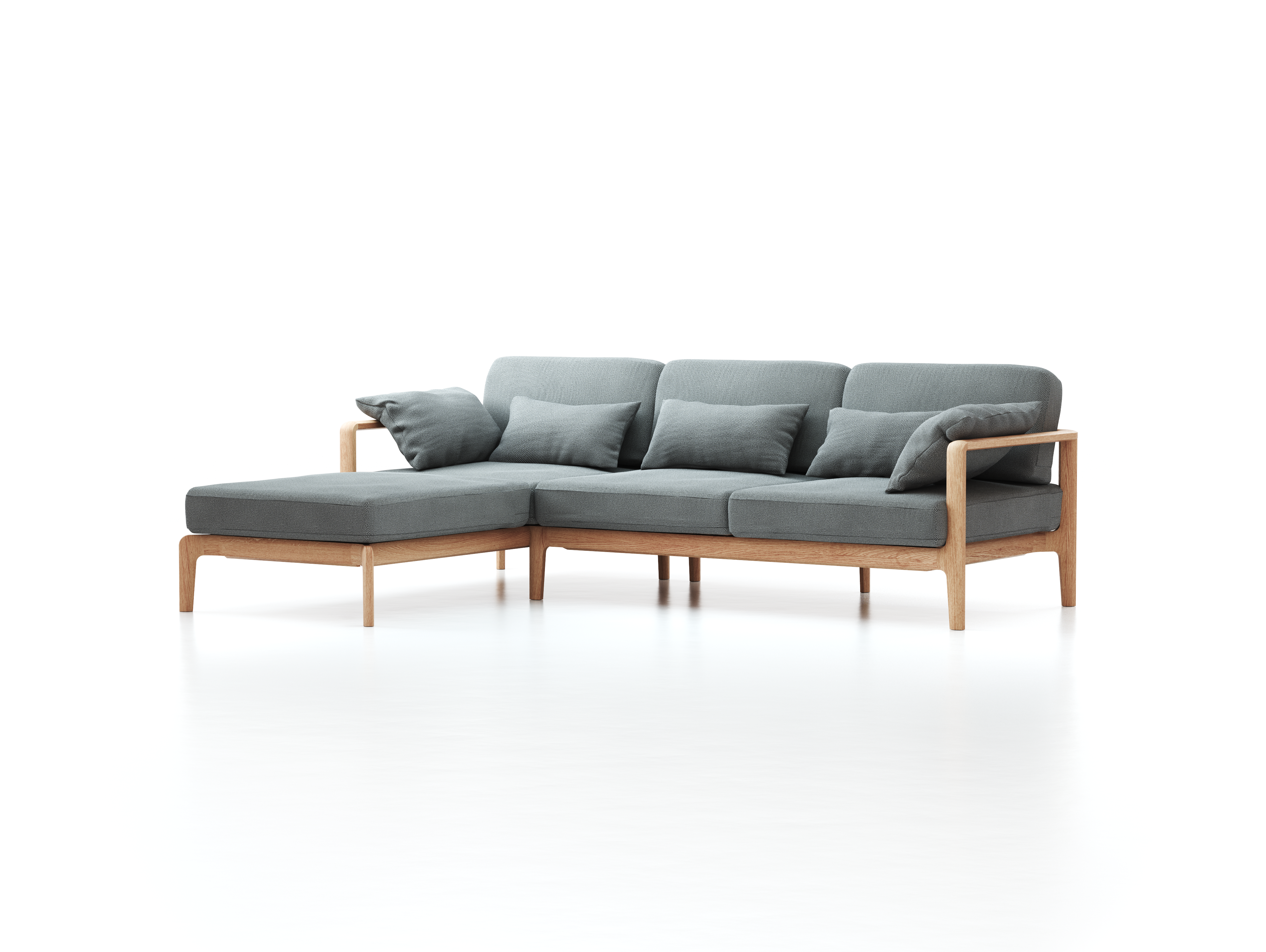 Loungesofa Linera, schmal mit Liegeteil links, Wollstoff Elverum Mocca (73), Eiche