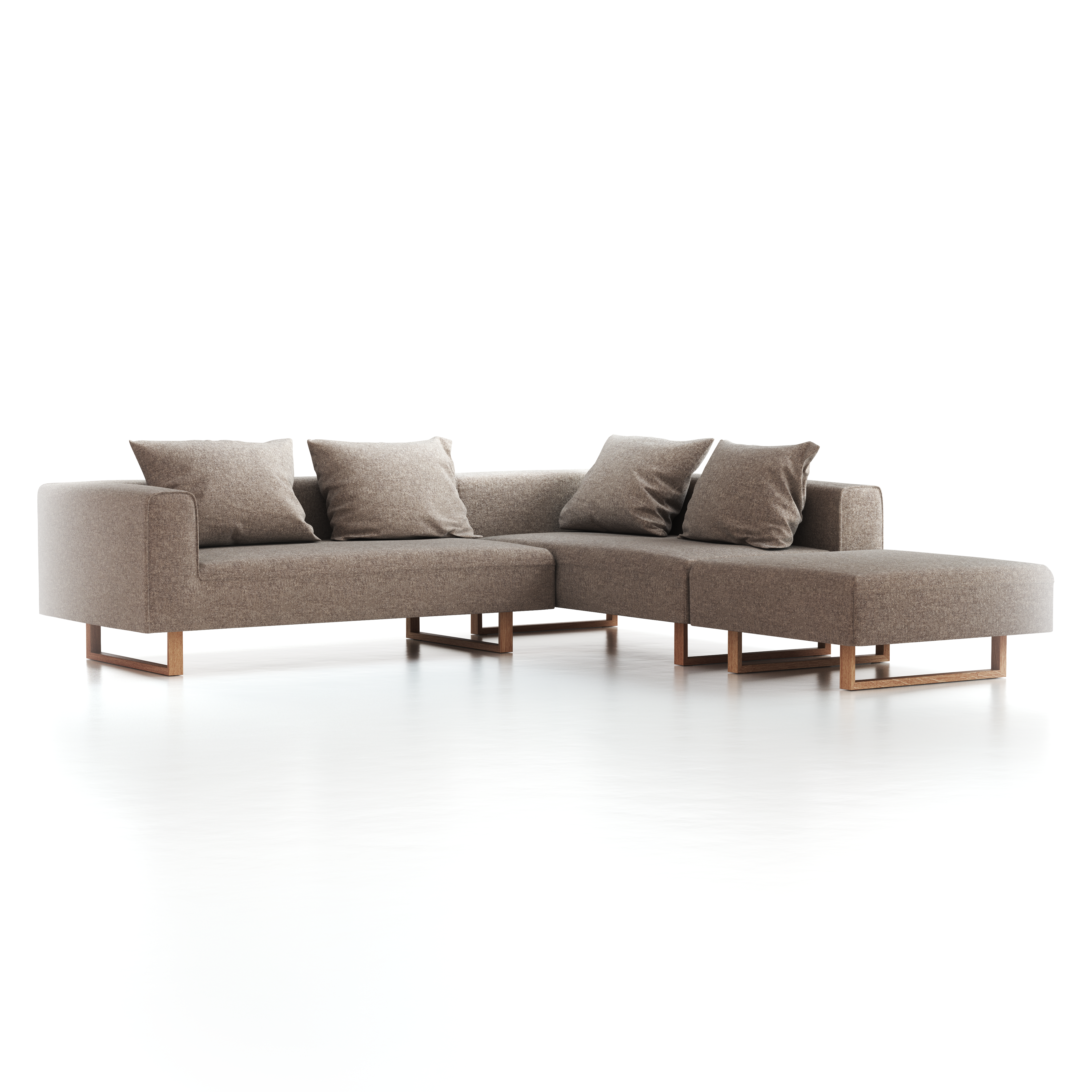 Ecksofa Sereno, 276 x 276 cm, Sofa Liegeteil rechts, Kufenfuß, mit Bezug Wollstoff Tano Natur (79), Eiche