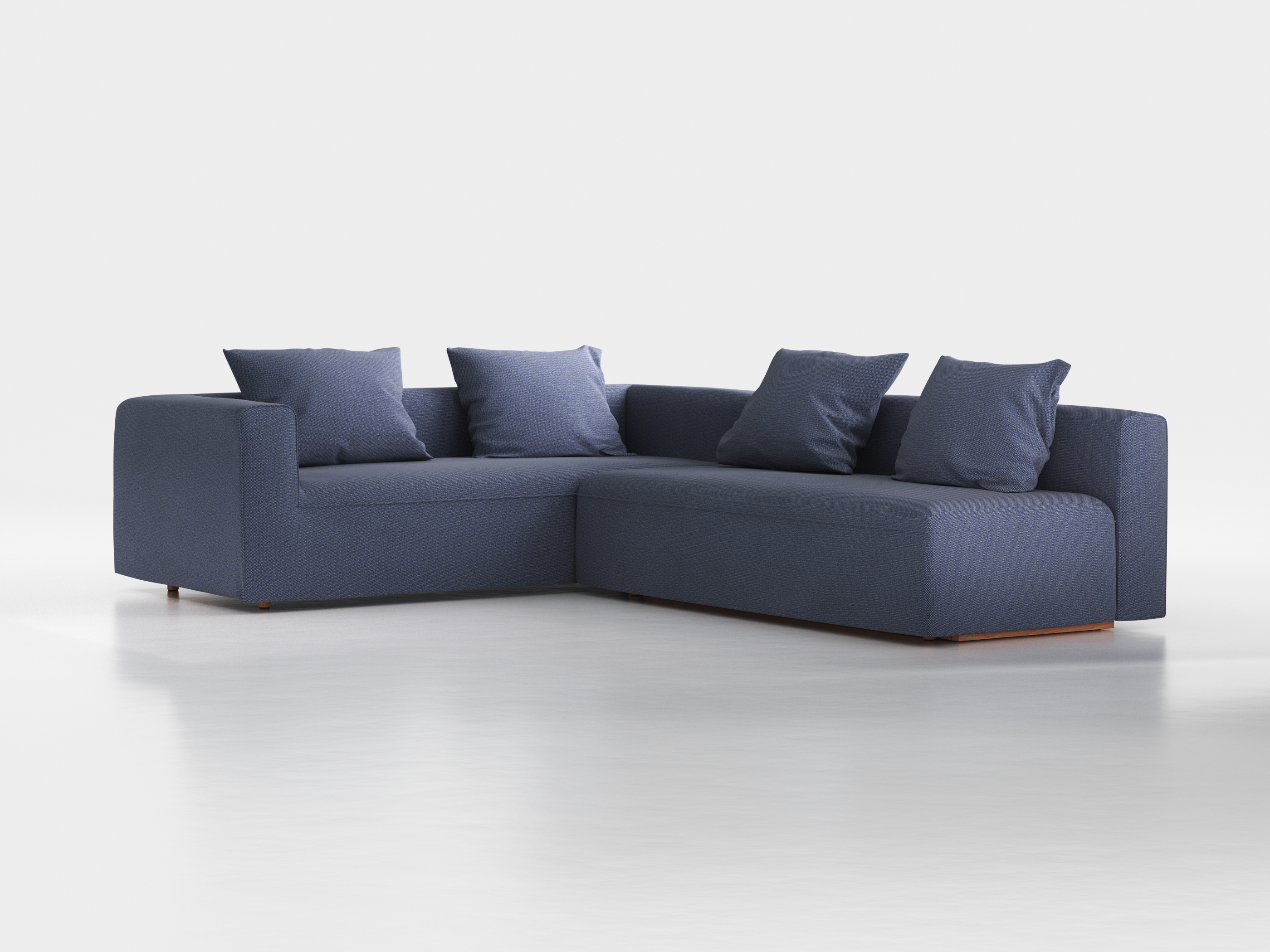 Ecksofa Sereno mit Schlaffunktion inkl. 4 Kissen (70x55 cm), B 300 x T 235 cm, Bodennah, Eckteil links, mit Bezug Wollstoff Elverum Ozean (75), Buche