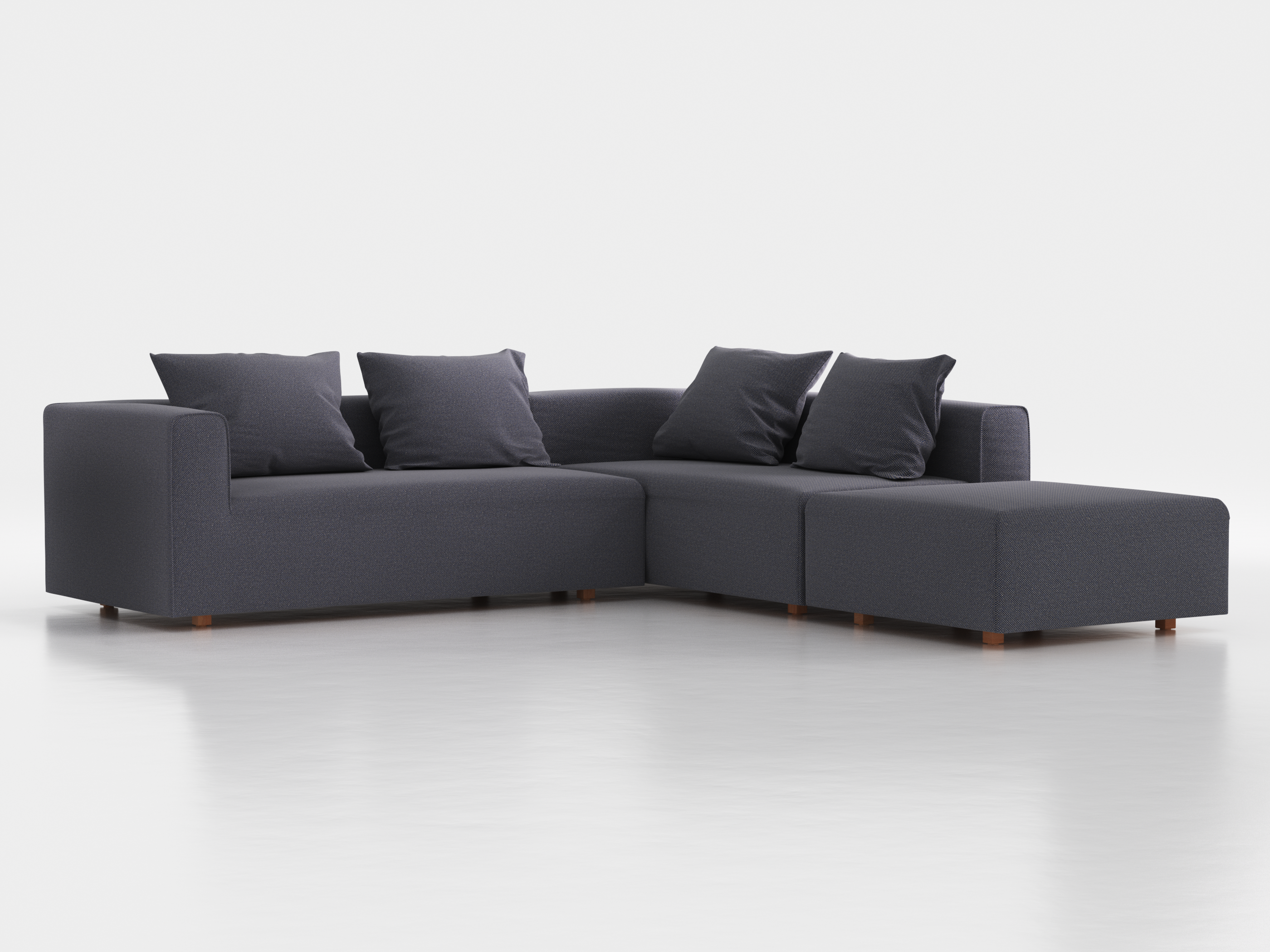 Ecksofa Sereno, 276 x 276 cm, inkl. 4 Kissen (70 x 55 cm), Liegeteil rechts, Bodennah, mit Bezug Wollstoff Elverum Torfblau (82), Buche