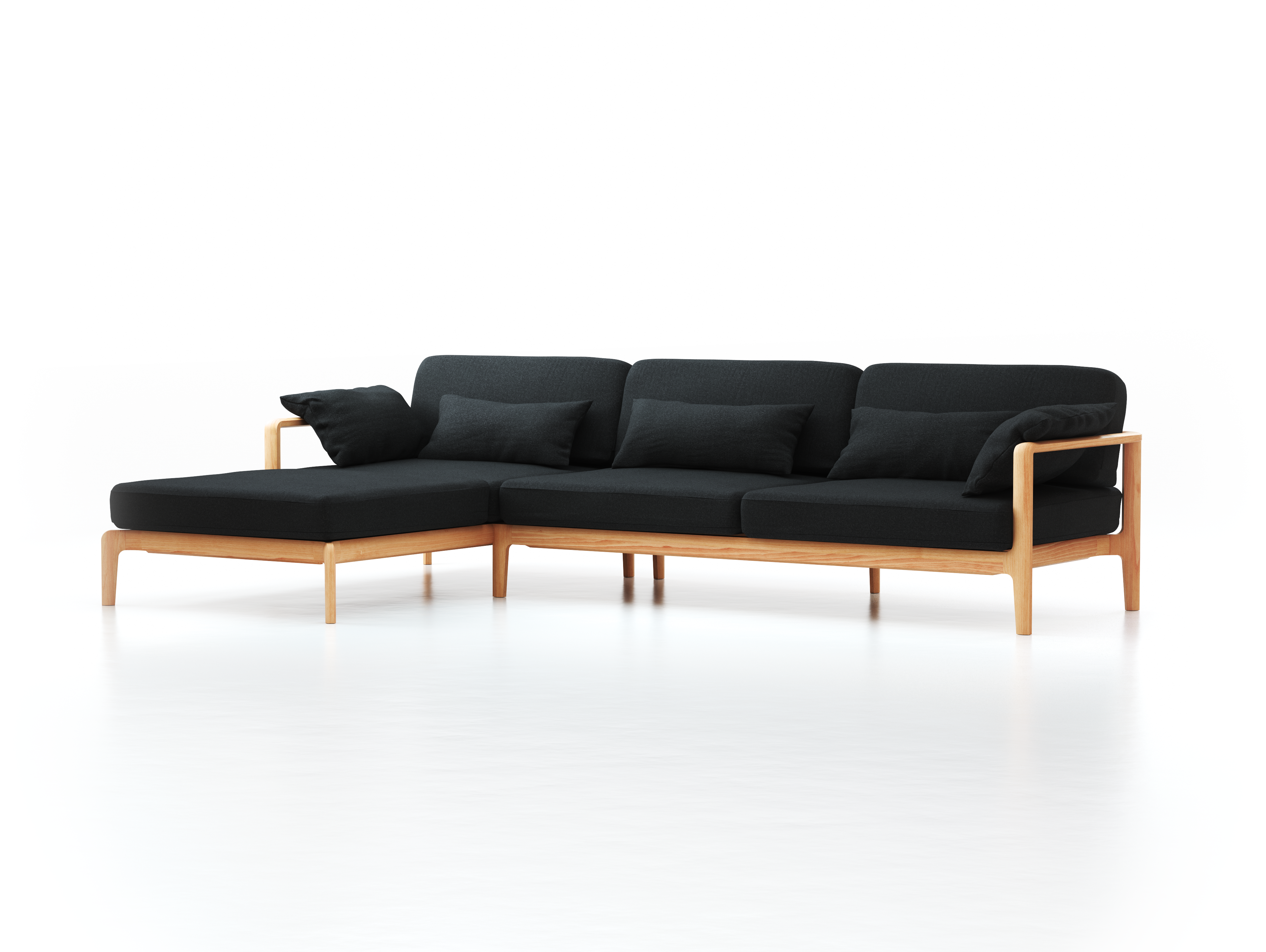 Loungesofa Linera, breit mit Liegeteil links, Wollstoff Stavang Schiefer (60), Esche