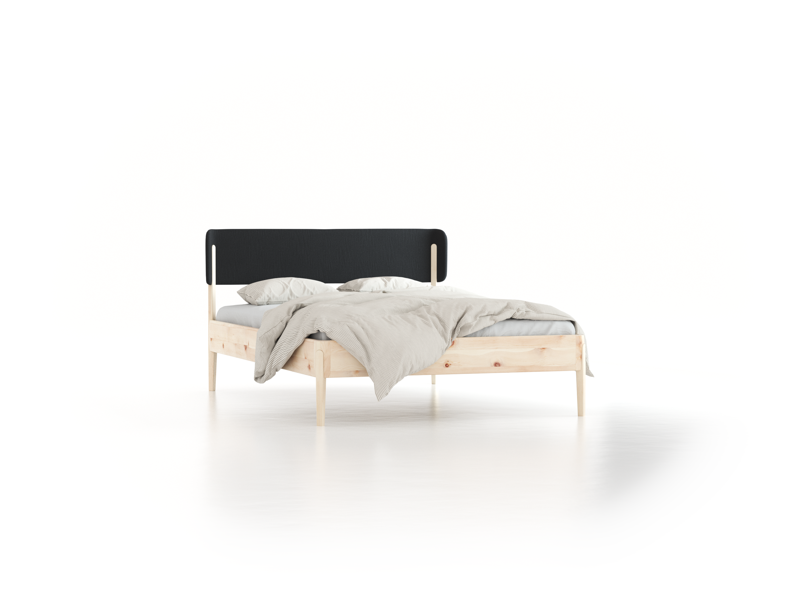 Bett Alwy mit Polsterbetthaupt, 140 x 200 cm, Wollstoff Kaland Schiefer (67), Zirbe