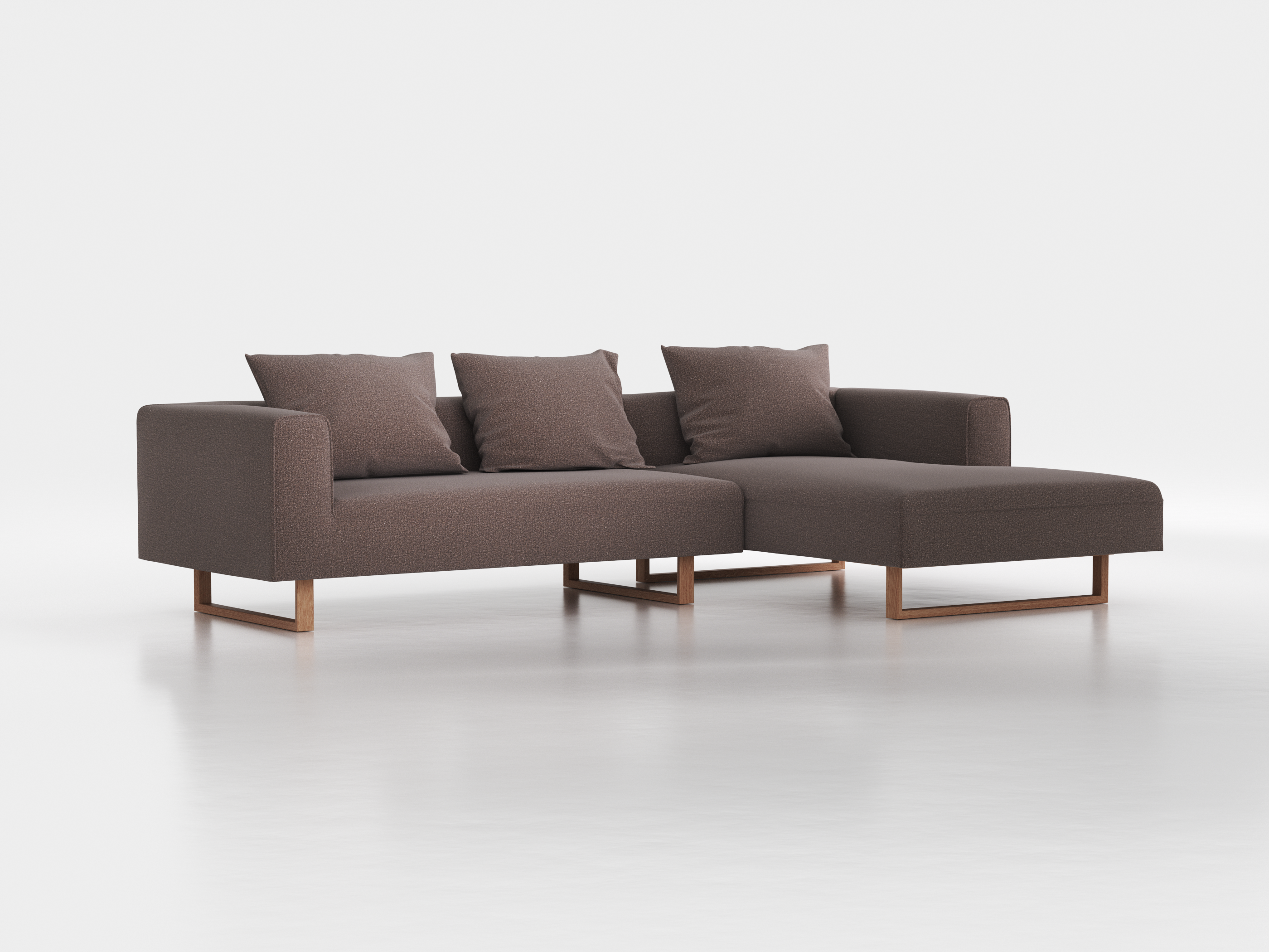 Lounge-Sofa Sereno inkl. 3 Kissen (70x55 cm), B 297 x T 180 cm, Liegeteil rechts, Kufenfuß, mit Bezug Wollstoff Tano Natur Dunkel (81), Eiche
