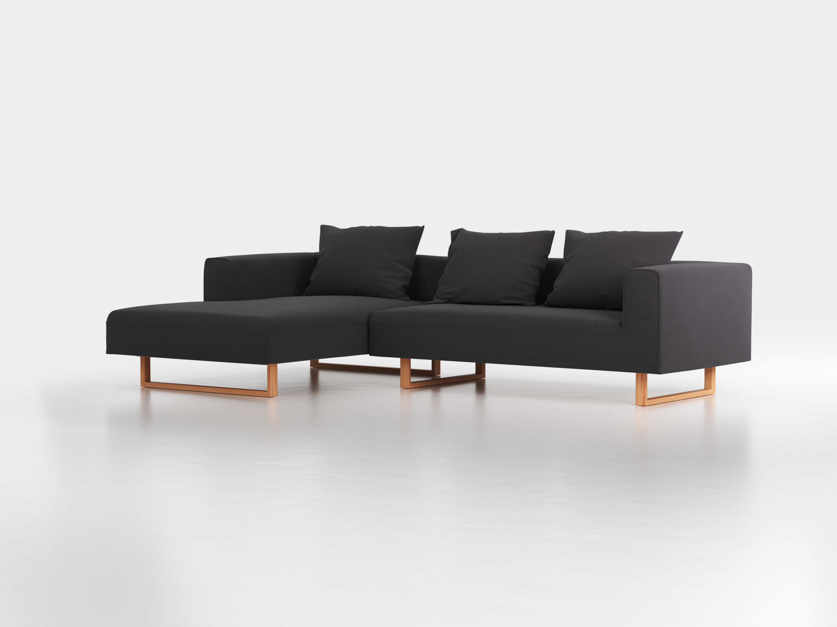 Lounge-Sofa Sereno inkl. 3 Kissen (70x55 cm), B 297 x T 180 cm, Liegeteil links, Kufenfuß, mit Bezug Wollstoff Kaland Schiefer (67), Buche