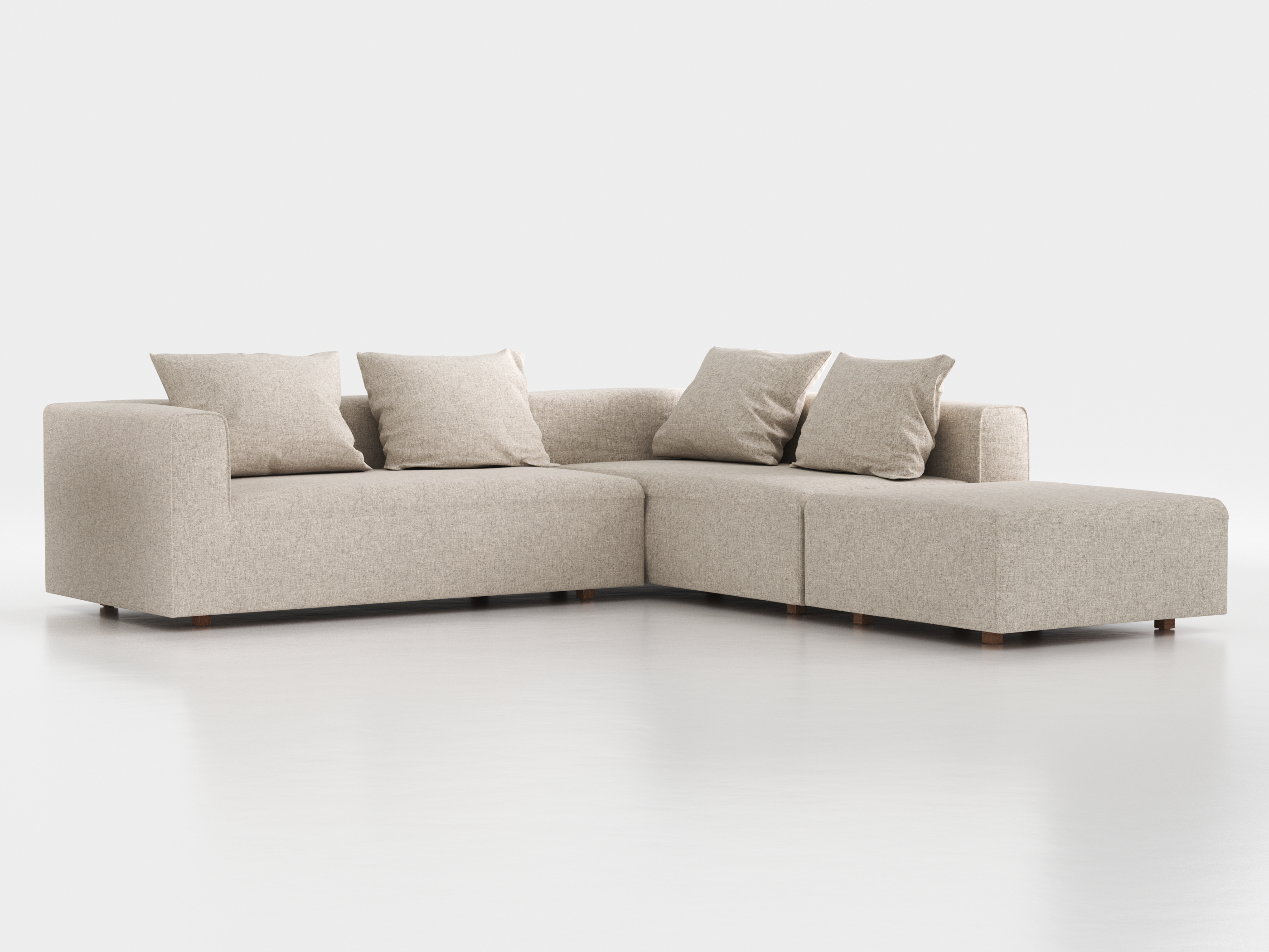 Ecksofa Sereno, 276 x 276 cm, inkl. 4 Kissen (70 x 55 cm), Liegeteil rechts, Bodennah, mit Bezug Wollstoff Tano Natur Hell (80), Eiche