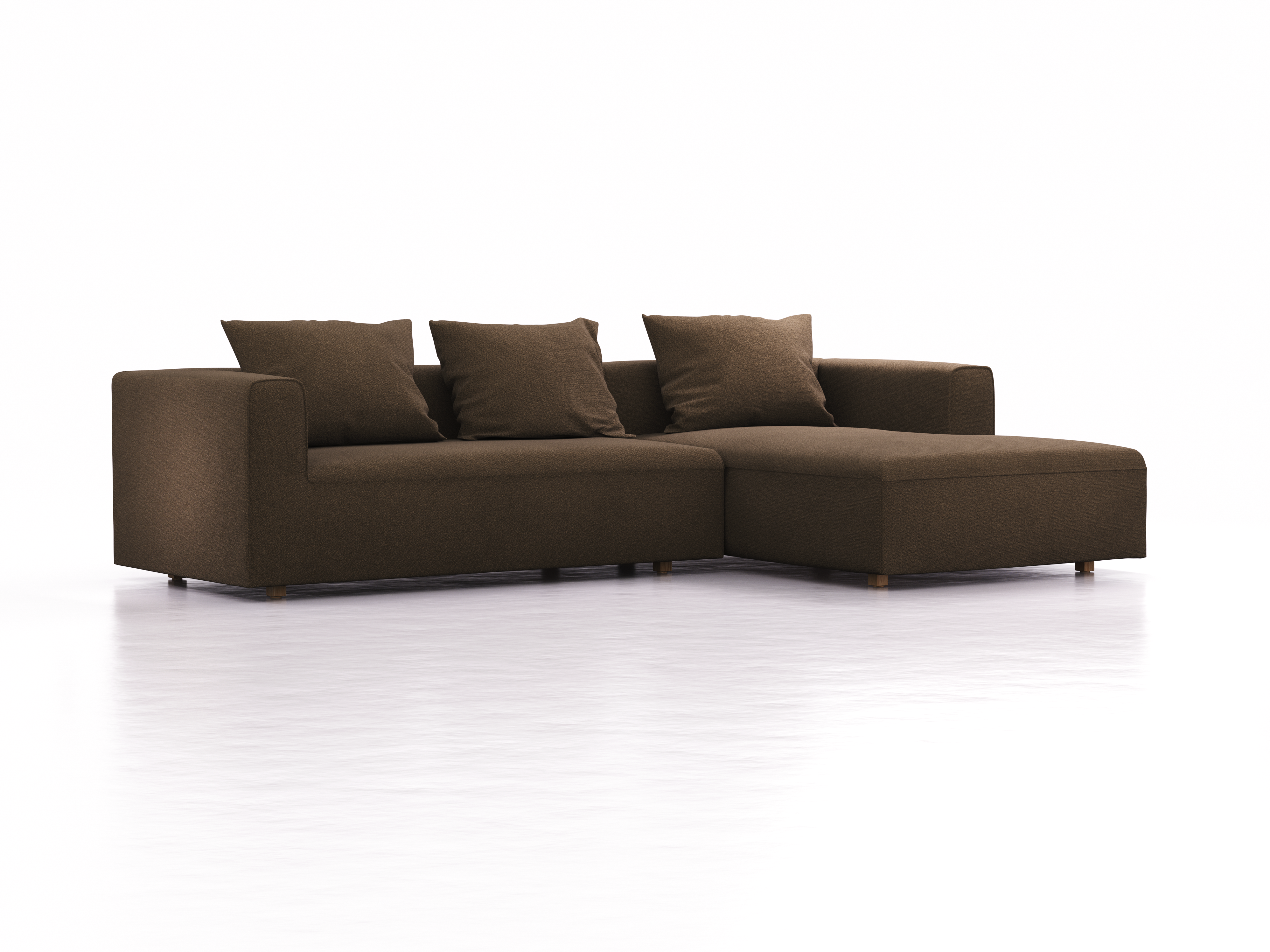 Lounge-Sofa Sereno, bodennah, B297xT180xH71 cm, Sitzhöhe 43 cm, mit Liegeteil rechts inkl. 3 Kissen (70x55 cm), Eiche, Wollstoff Kaland Torf