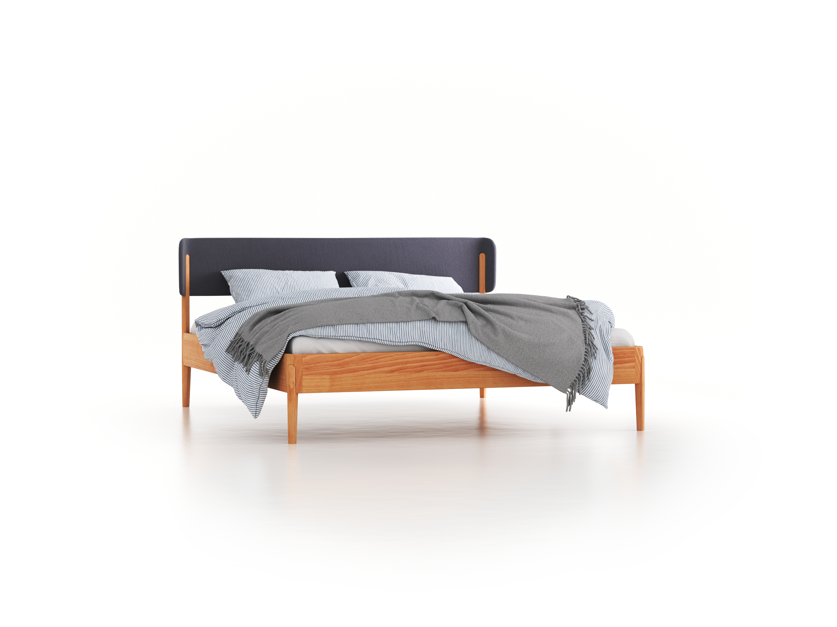 Bett Alwy mit Polsterbetthaupt, 180 x 200 cm, Wollstoff Elverum Torfblau (82), Buche