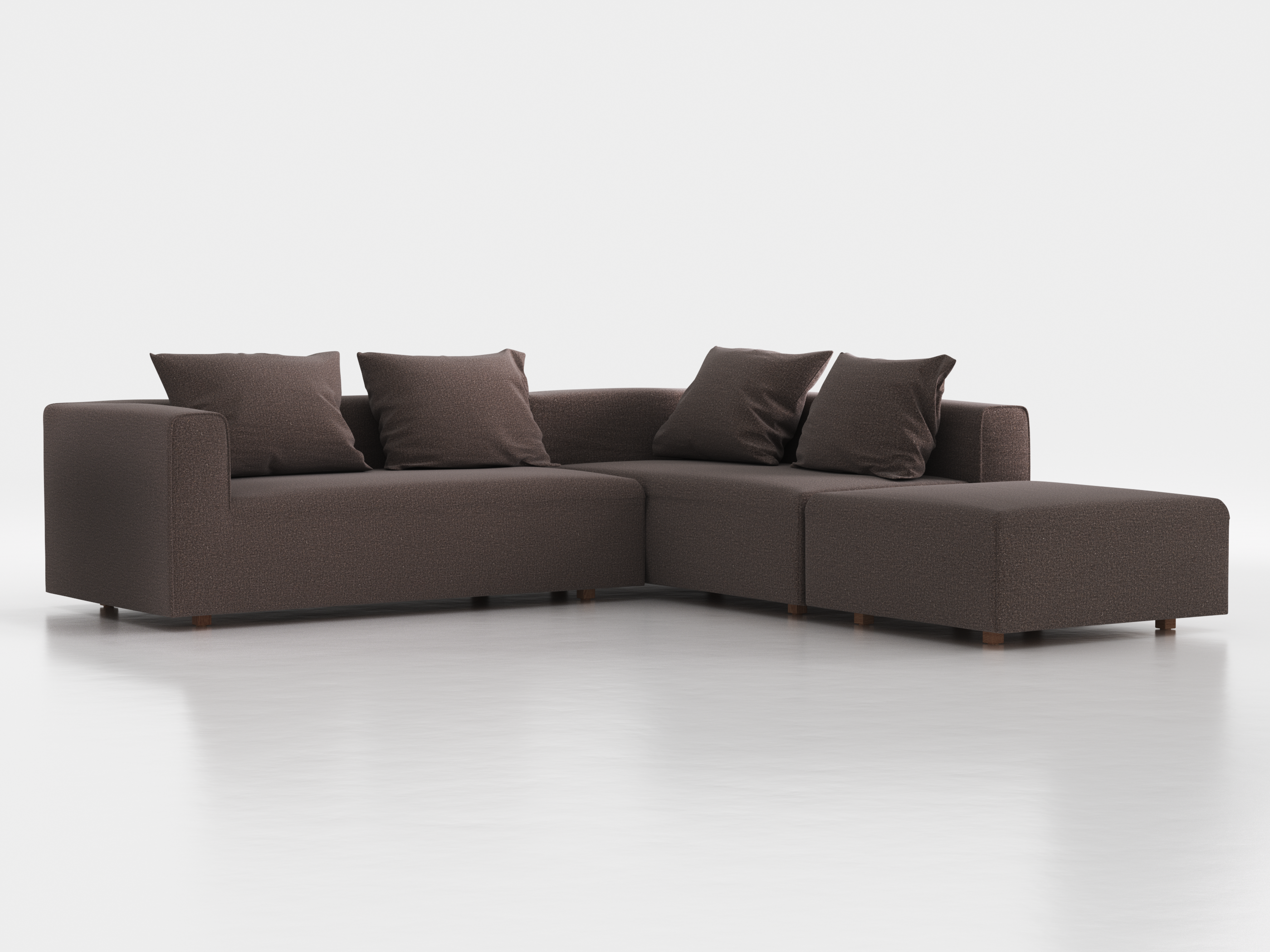 Ecksofa Sereno, 276 x 276 cm, inkl. 4 Kissen (70 x 55 cm), Liegeteil rechts, Bodennah, mit Bezug Wollstoff Tano Natur Dunkel (81), Eiche