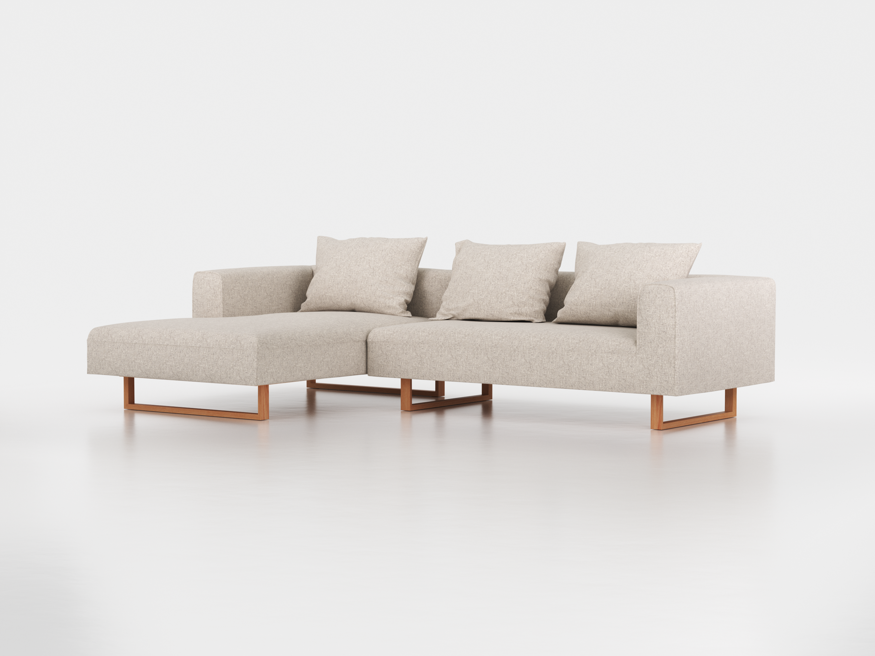 Lounge-Sofa Sereno inkl. 3 Kissen (70x55 cm), B 297 x T 180 cm, Liegeteil links, Kufenfuß, mit Bezug Wollstoff Tano Natur Hell (80), Buche